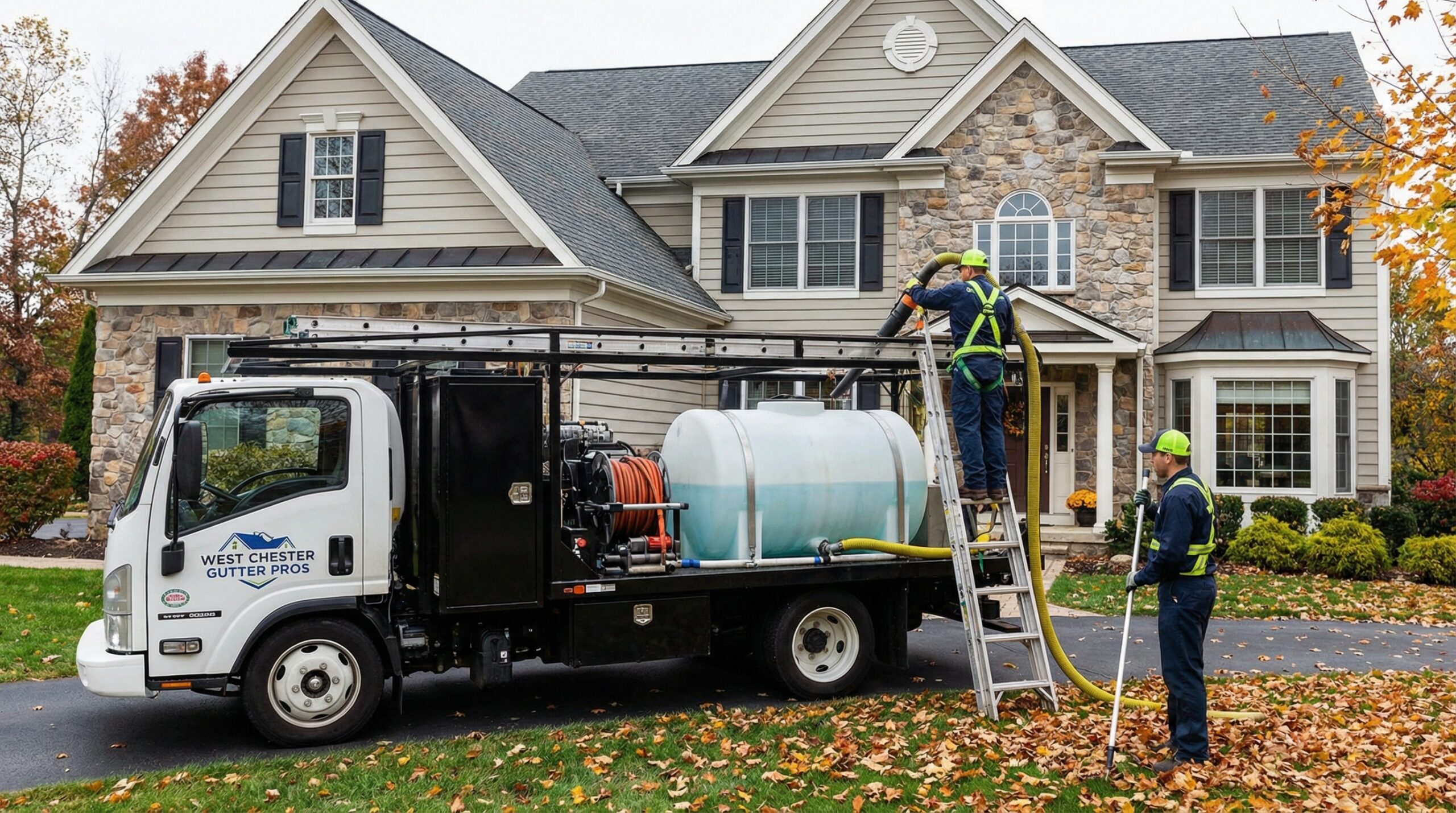 Professional gutter cleaning truck and team working on a West Chester area home