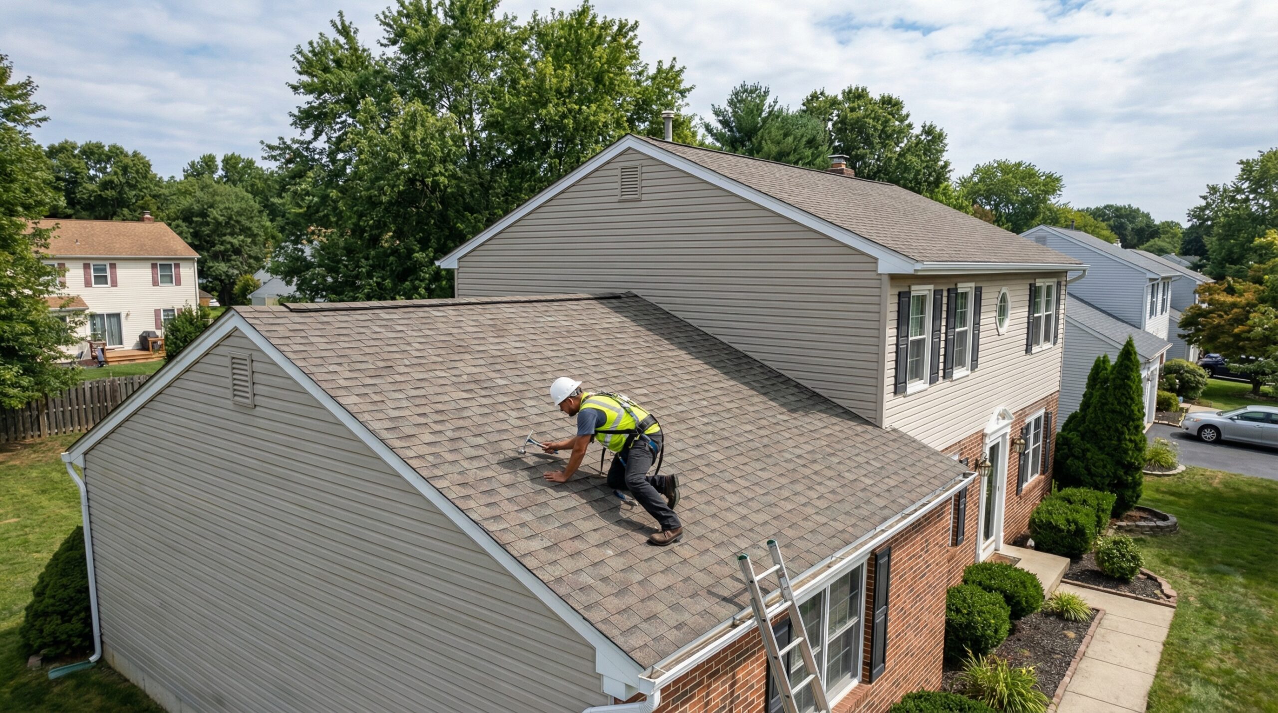 professional roofer conducting inspection on residential roof with clipboard and measuring tools