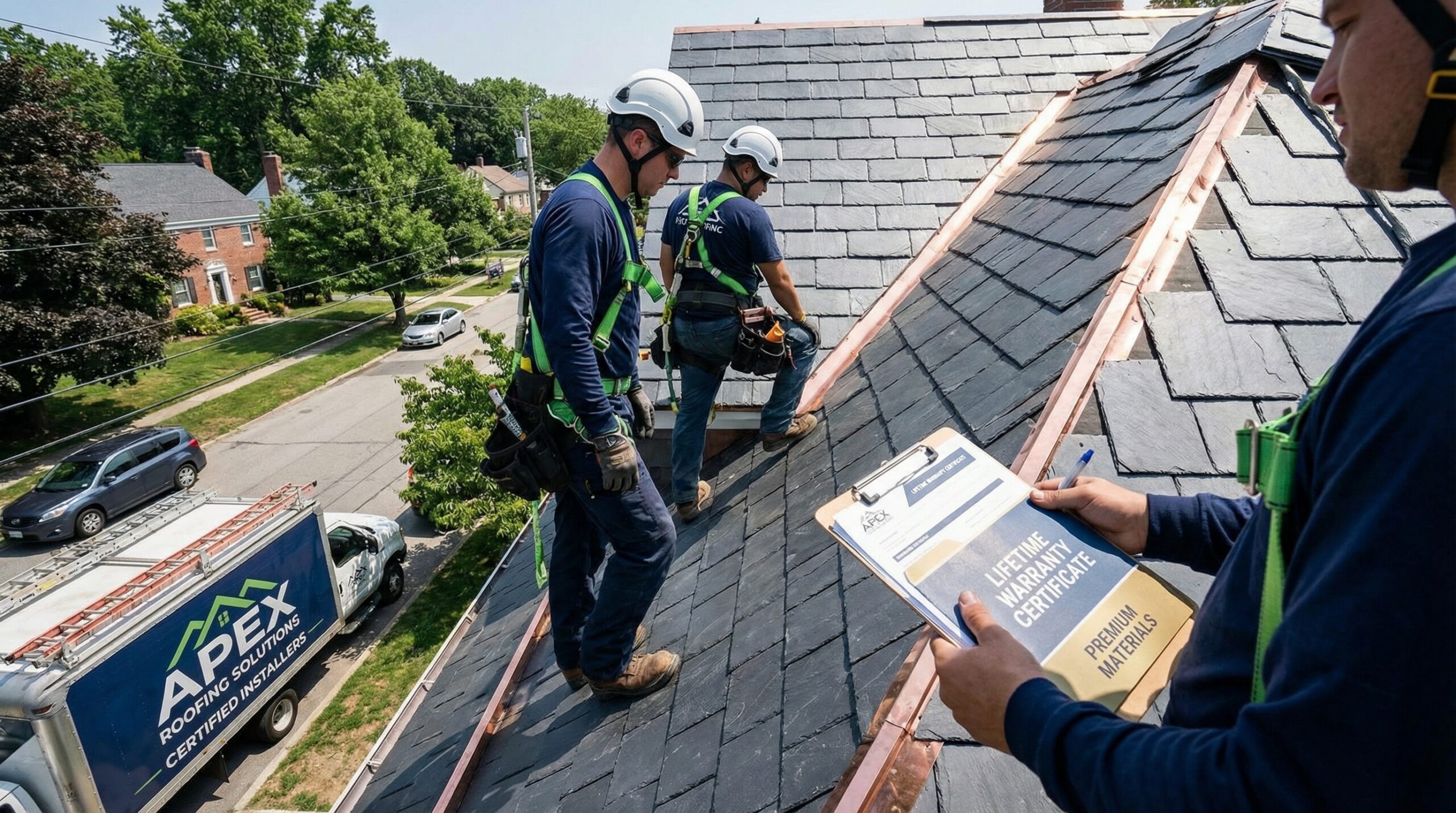 Professional roofing team installing high-quality materials with warranty documentation
