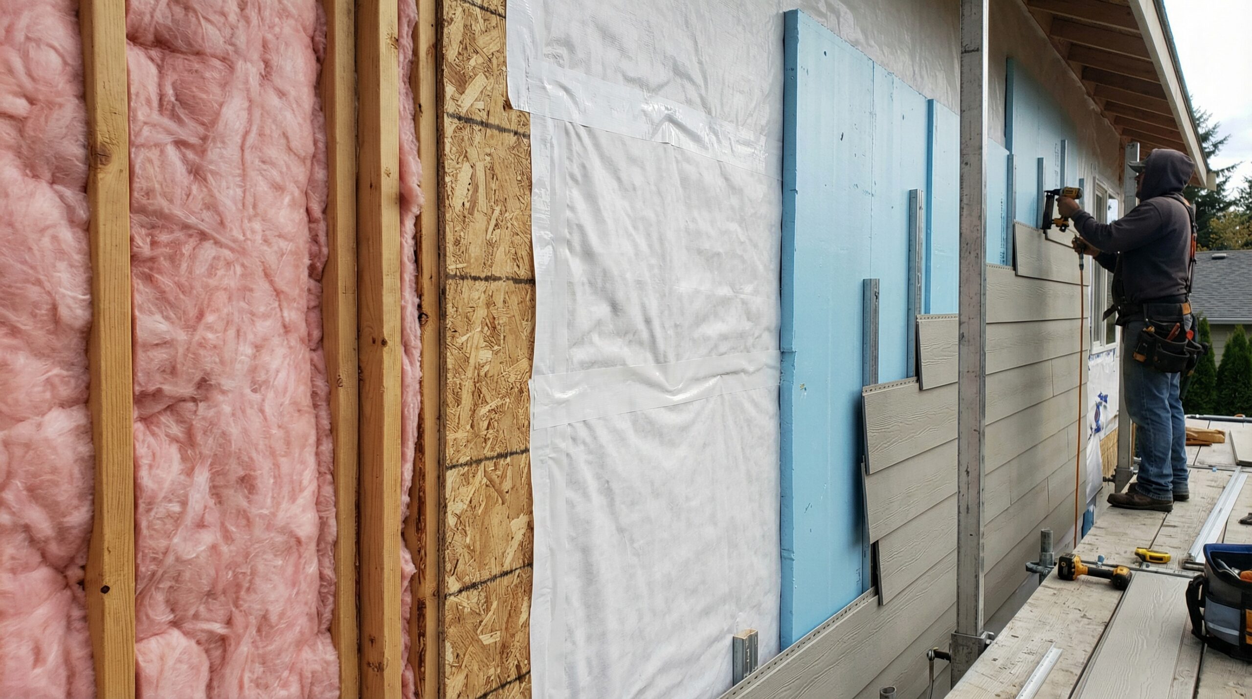Professional siding installation showing housewrap and insulation layers
