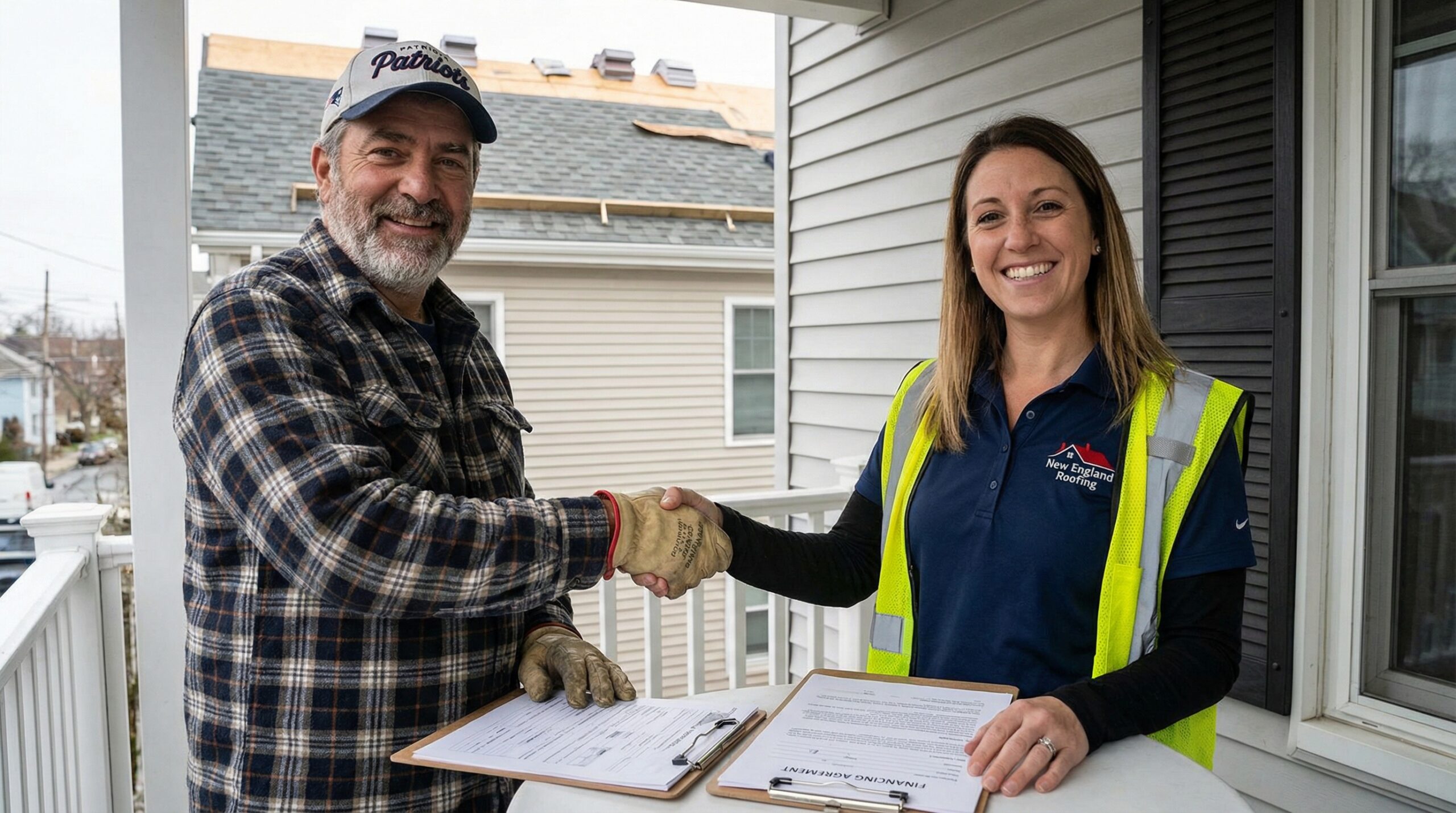 Rocky River homeowner shaking hands with Peak and Valley Roofing contractor after finalizing financing