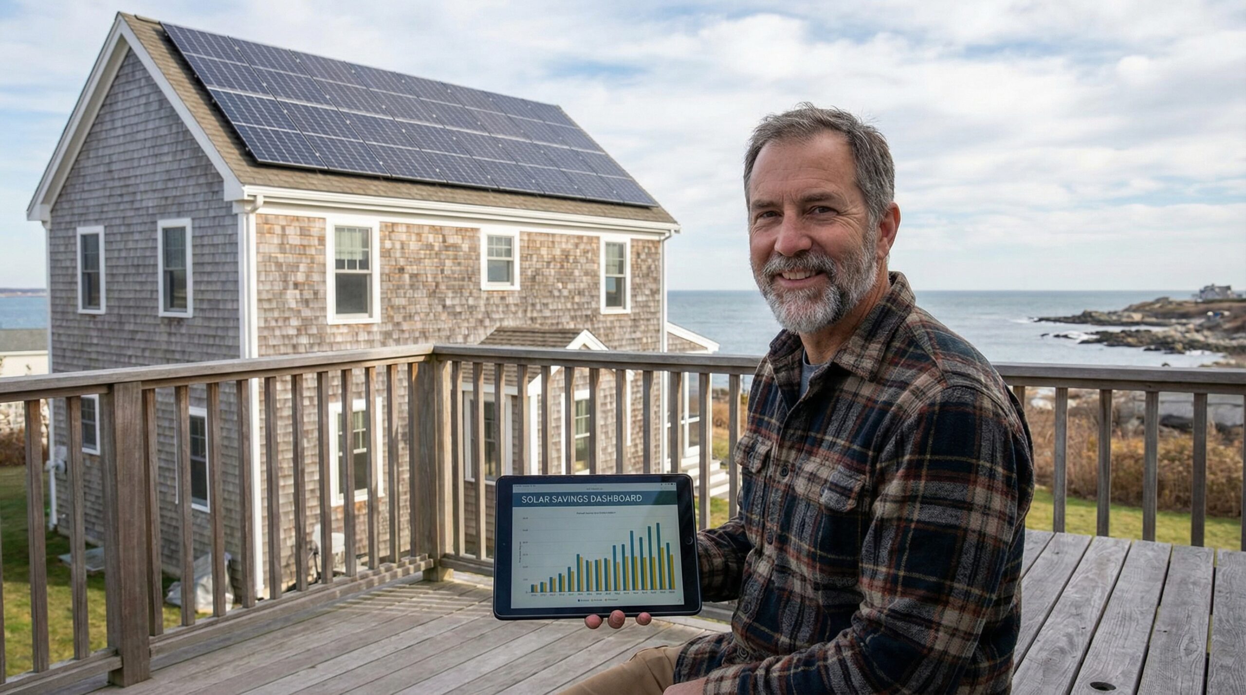 Rocky River homeowner reviewing solar savings on a tablet
