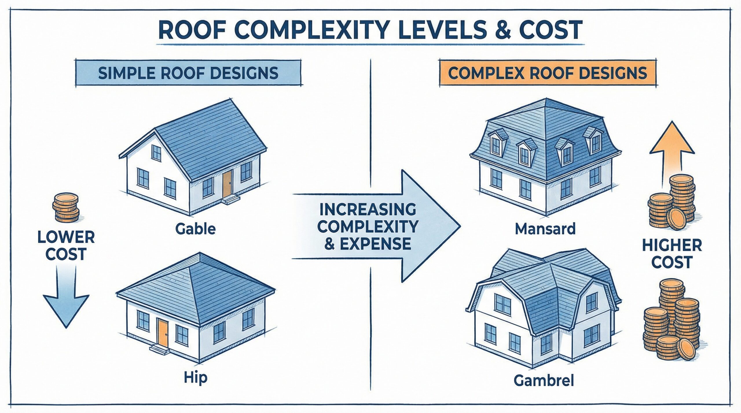 Diagram showing different roof complexity levels affecting replacement costs in Virginia