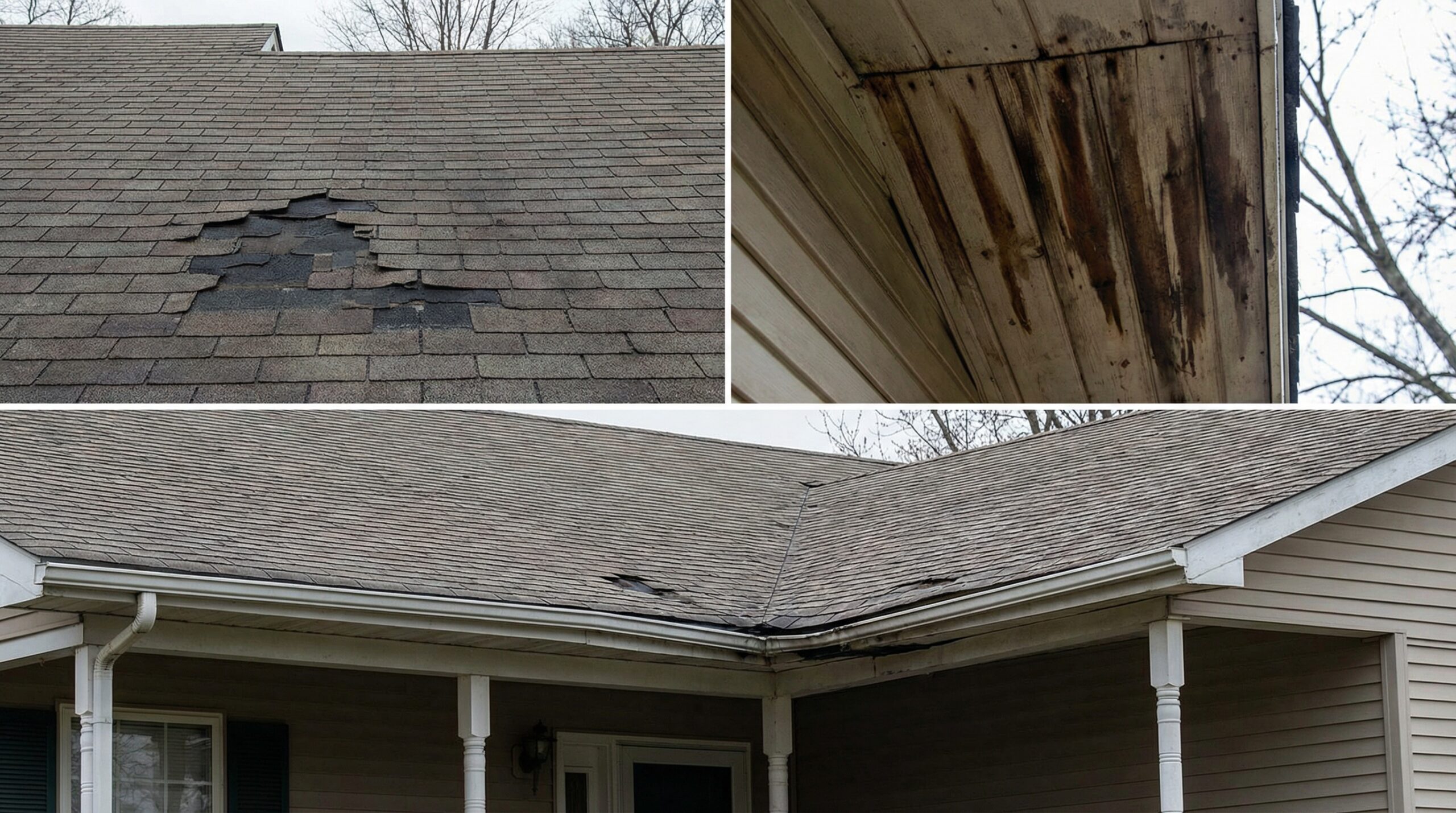 Roof damage examples showing missing shingles, water stains, and sagging