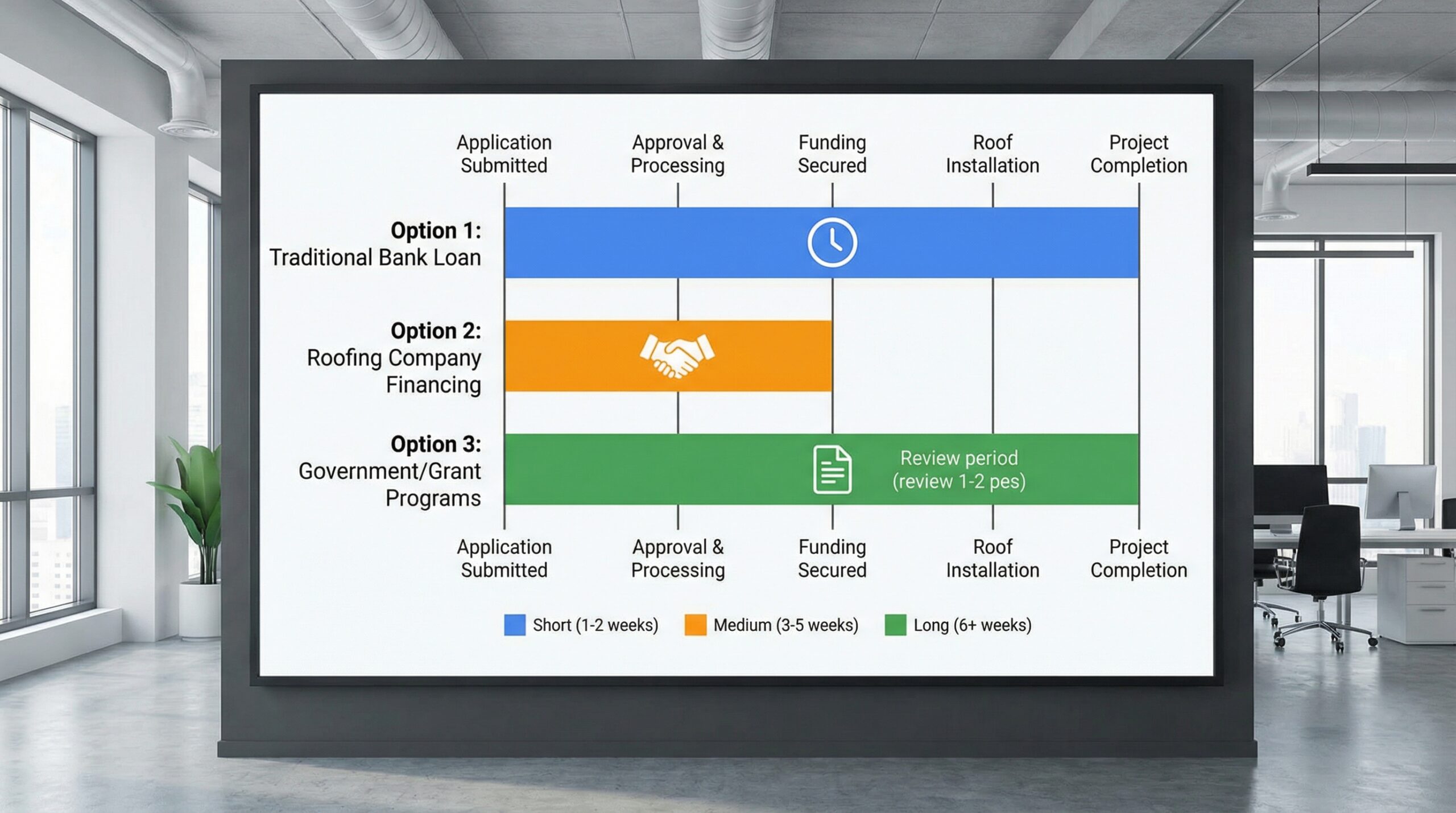 Comparison chart showing different Ohio roof financing timeline options from application to completion