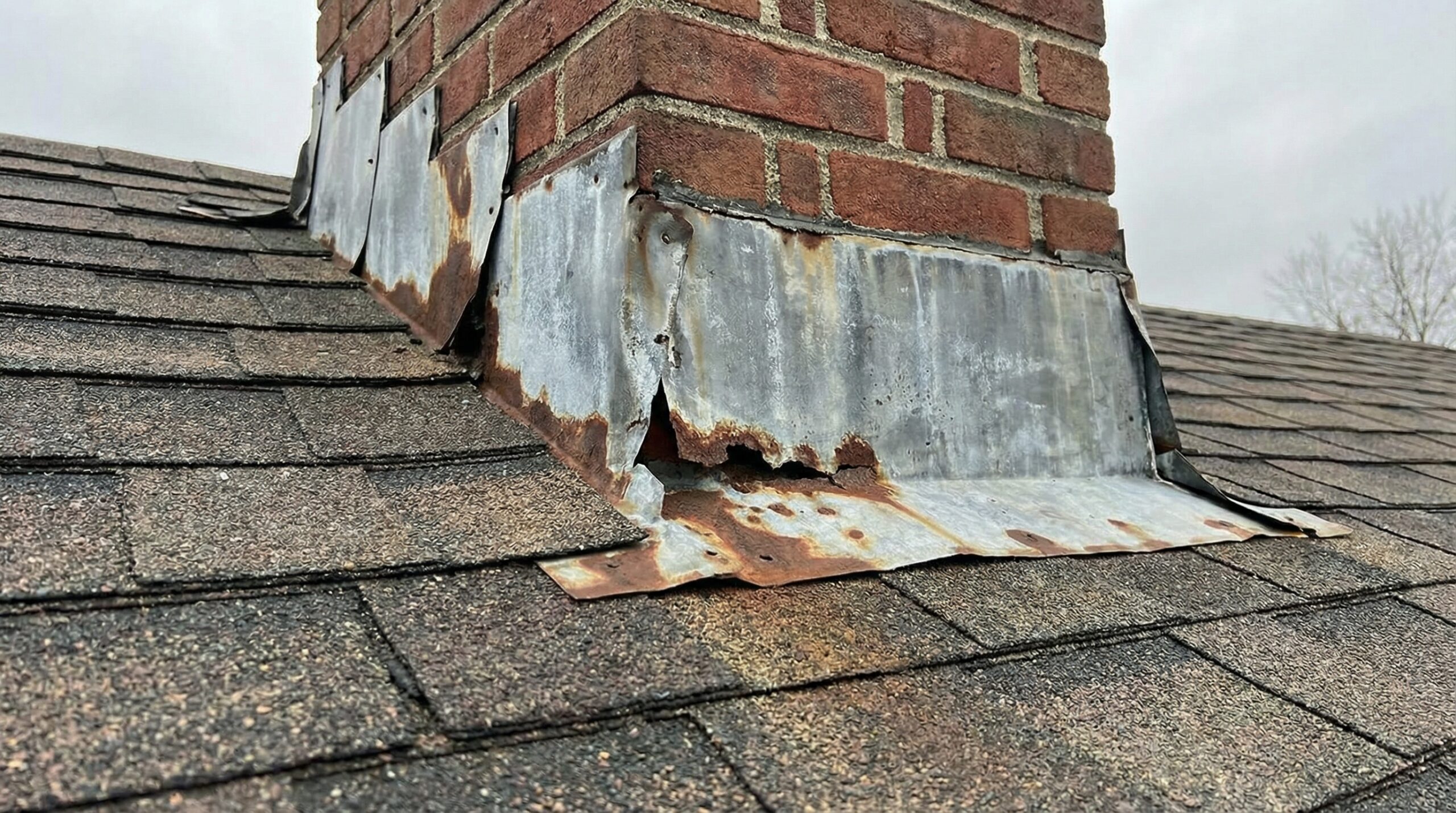 Close-up of damaged roof flashing around chimney in Rocky River home
