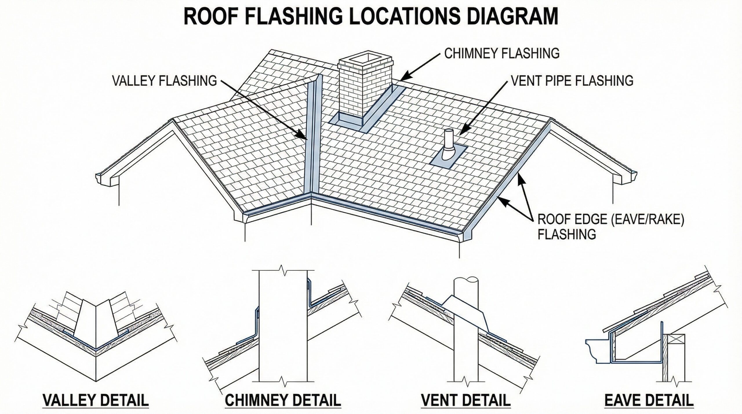 Diagram showing various roof flashing locations including valleys, chimneys, vents, and roof edges