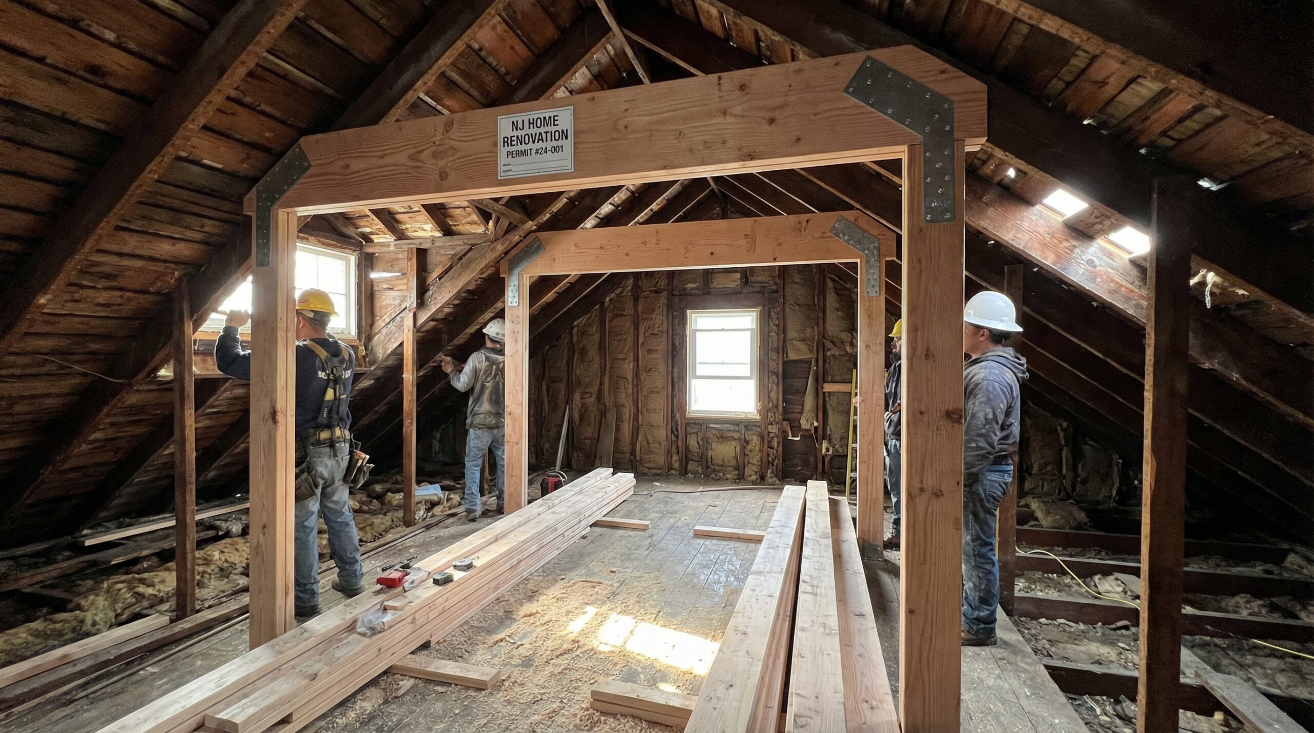 Roof framing reinforcement in New Jersey attic showing structural support