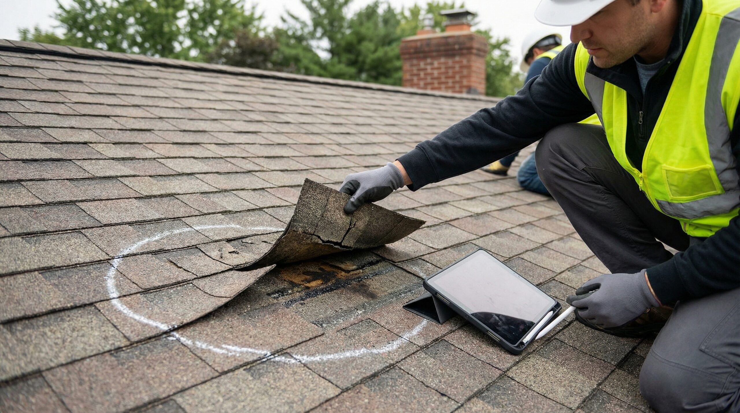 Professional roof inspector examining damaged shingles on a residential roof