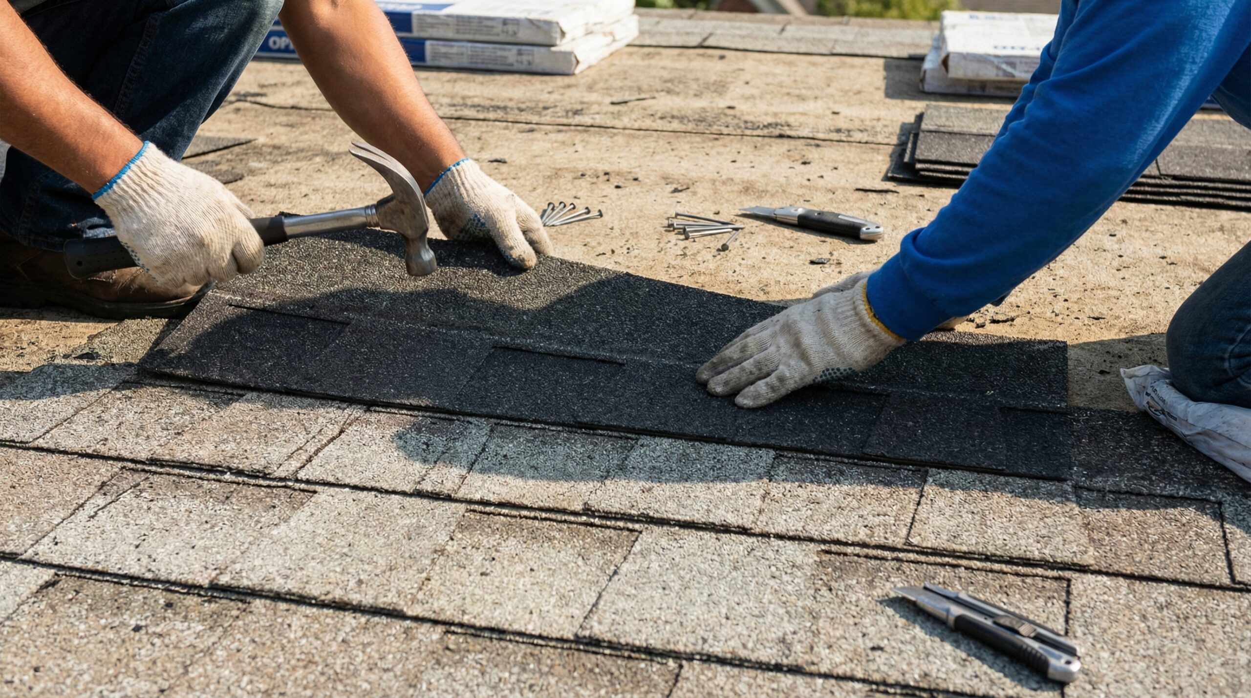 Roof overlay installation process showing new shingles being placed over existing ones