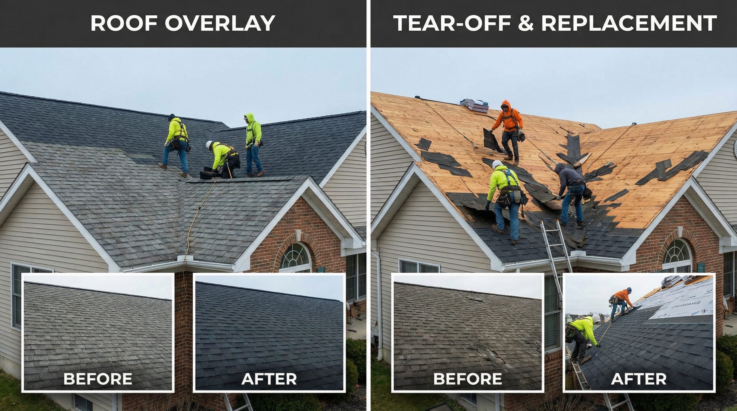 Side-by-side comparison showing roof overlay versus tear-off installation