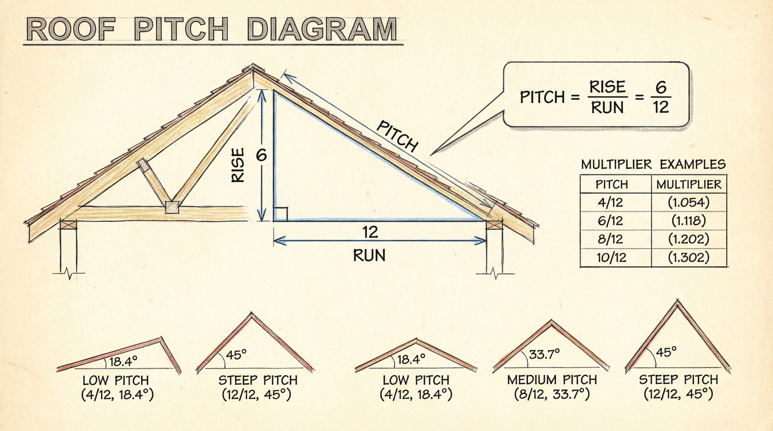 Roof Pitch Diagram Showing Rise Run Calculation With Multiplier Examples