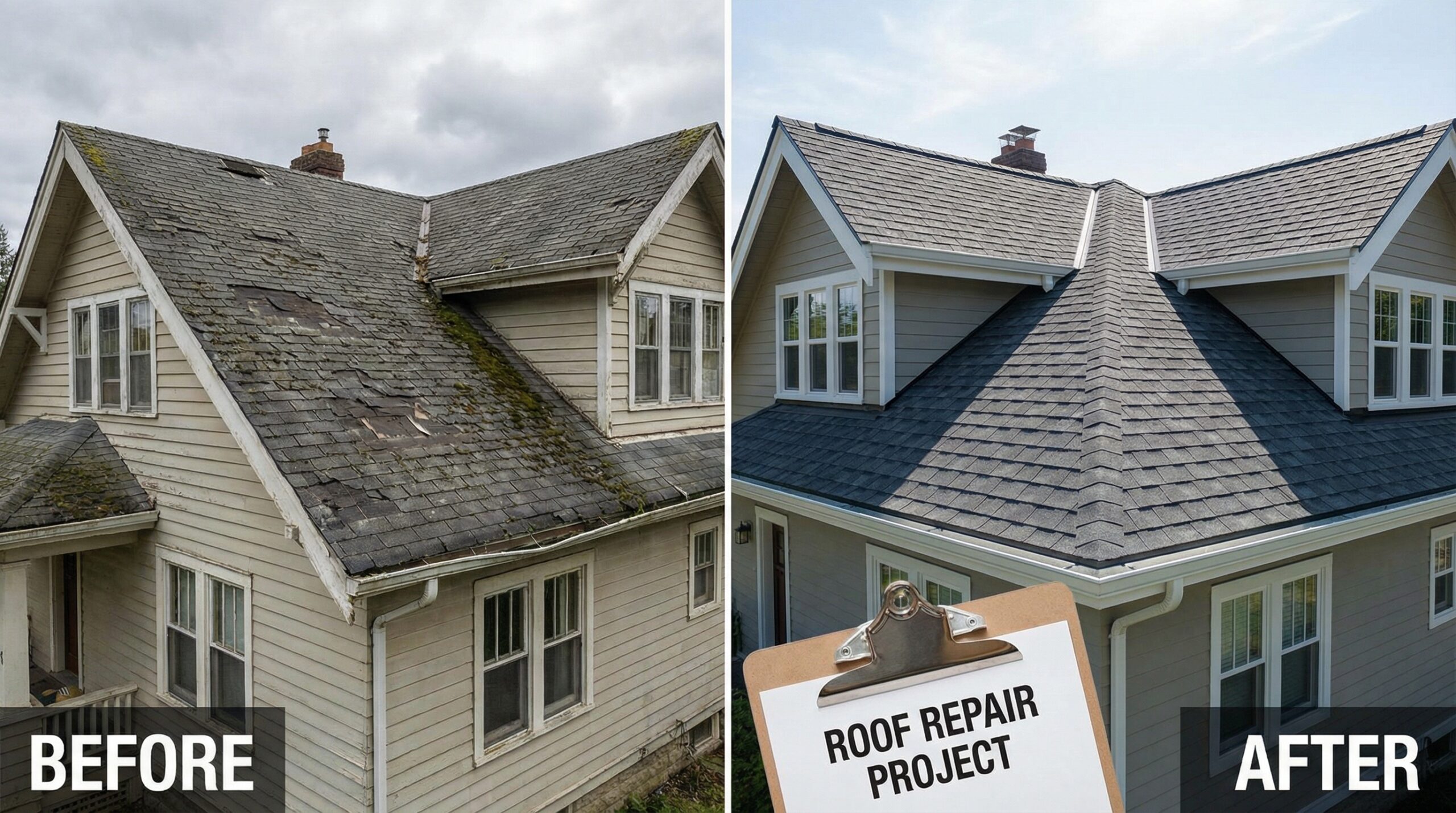 Before and after roof repair comparison in Rocky River