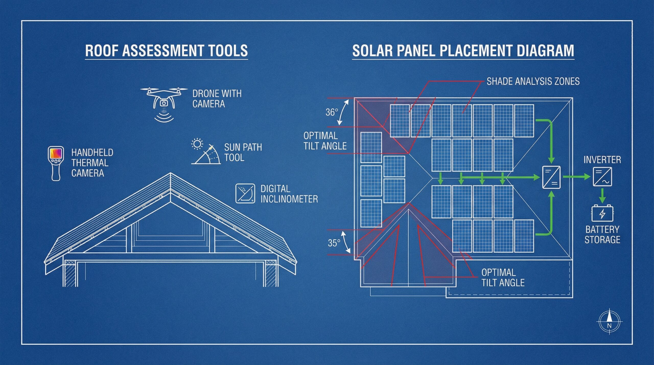 Roof assessment tools and solar panel placement diagram