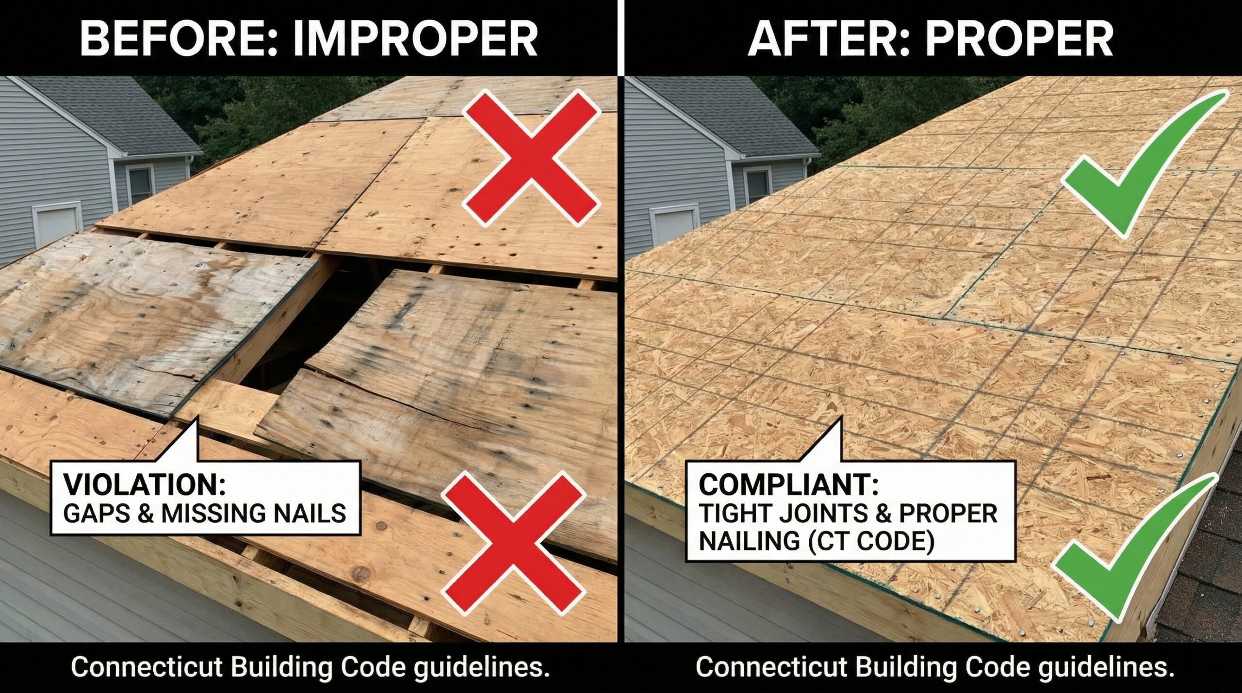 Before and after comparison showing proper vs improper roof decking installation meeting Ohio codes