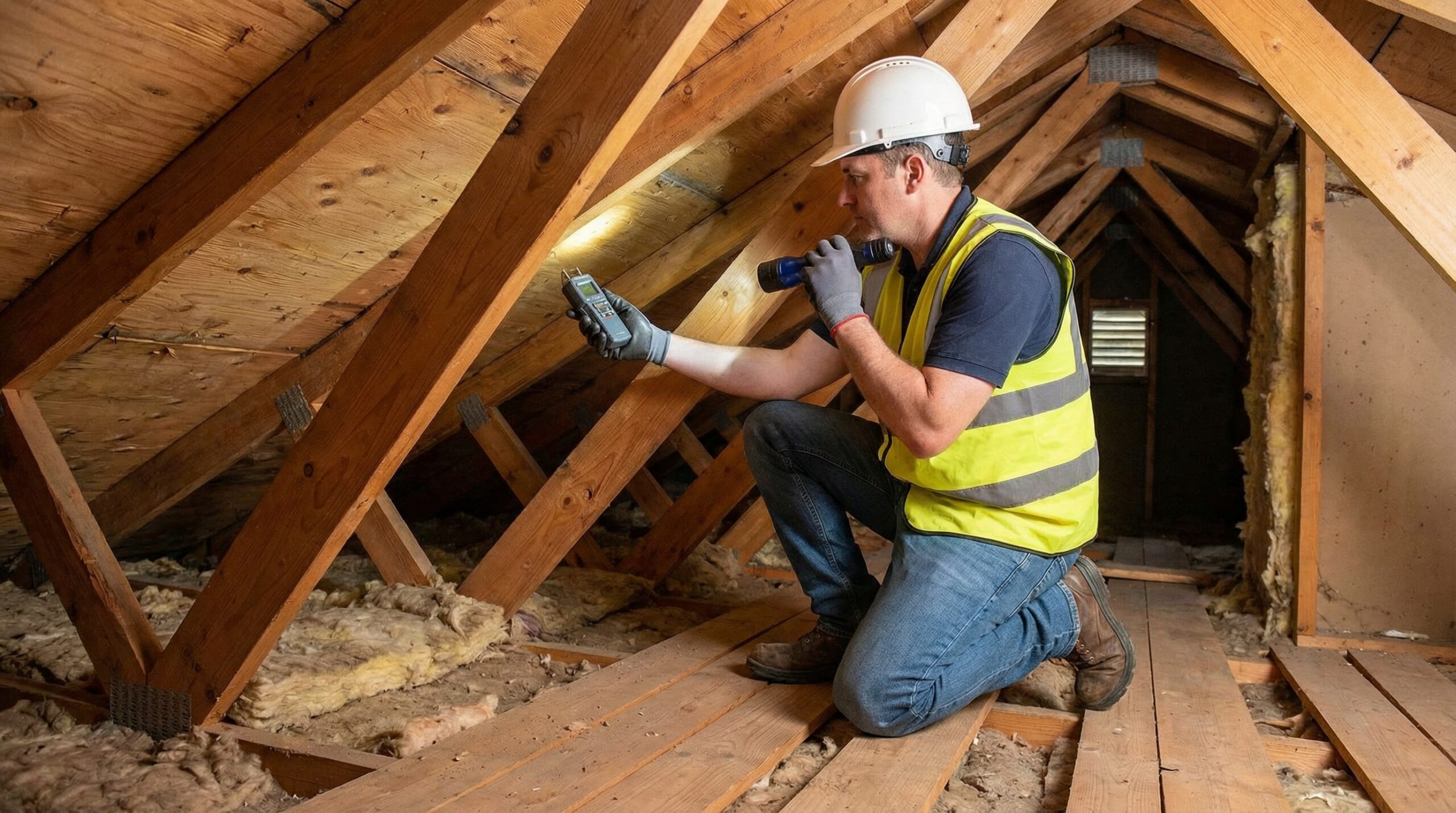 Professional roofer inspector examining roof decking for damage and structural integrity