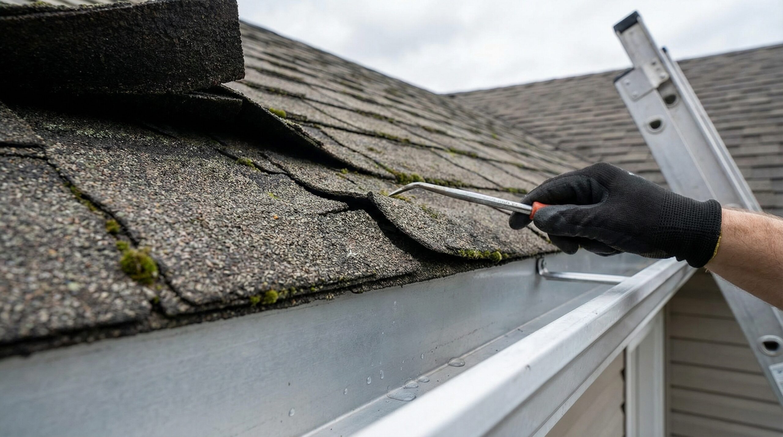 Close-up view of roof inspection showing damaged shingles and clean gutters