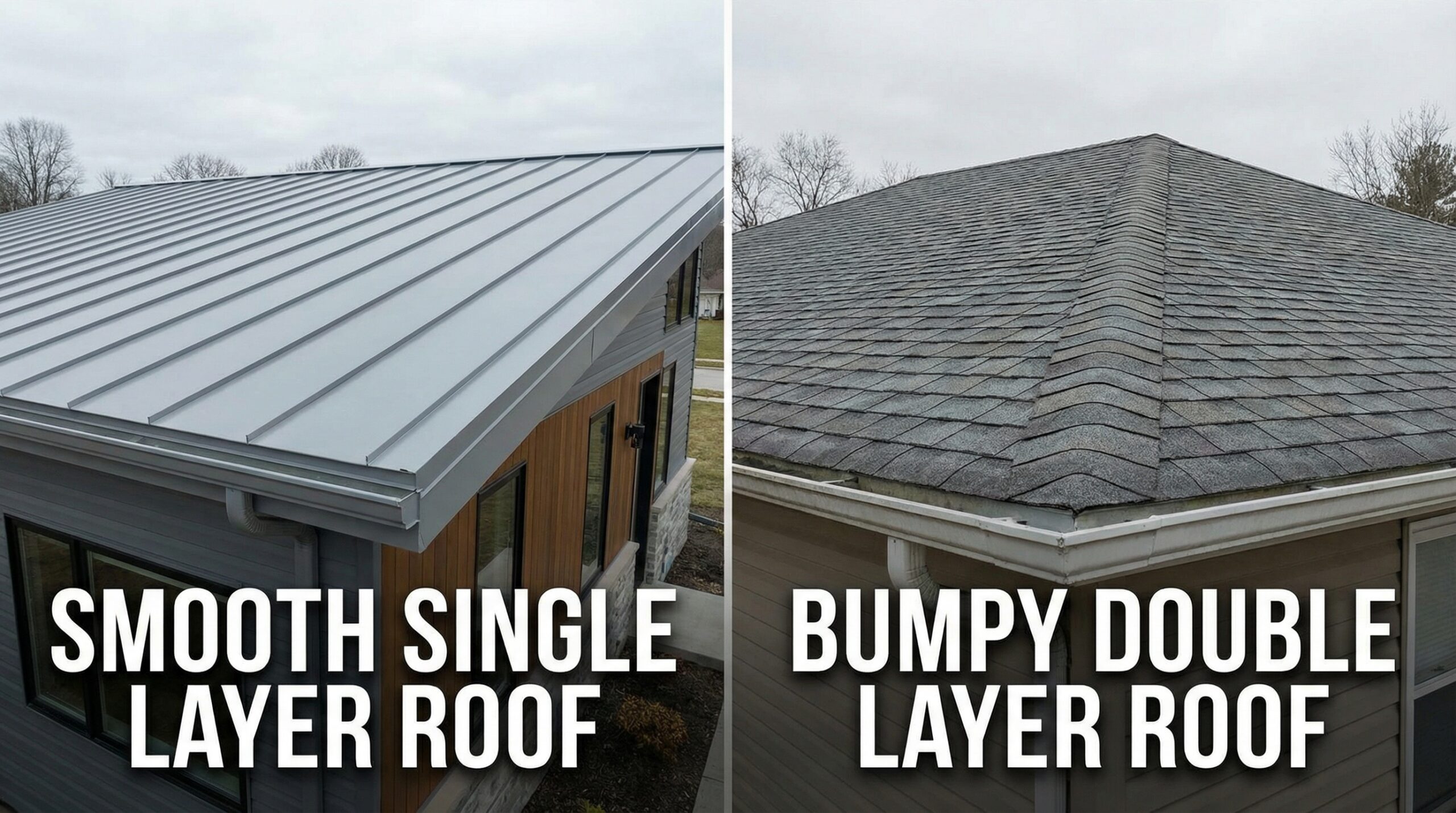 Comparison showing smooth single layer roof versus bumpy double layer roof