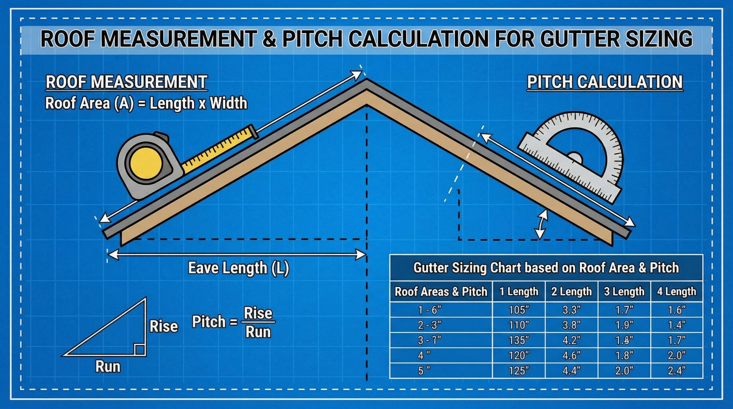 Diagram showing roof measurement and pitch calculation for gutter sizing