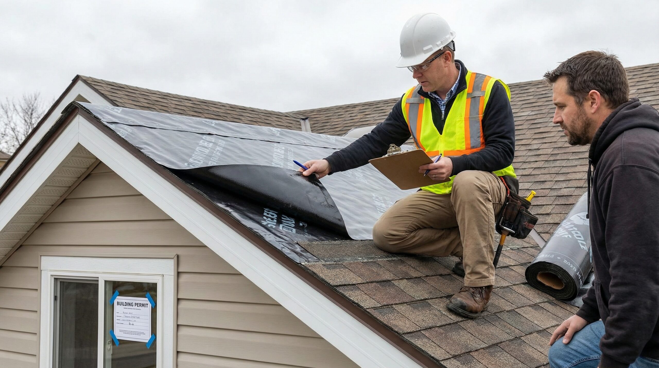 Roof permit inspection process showing inspector checking ice and water shield installation