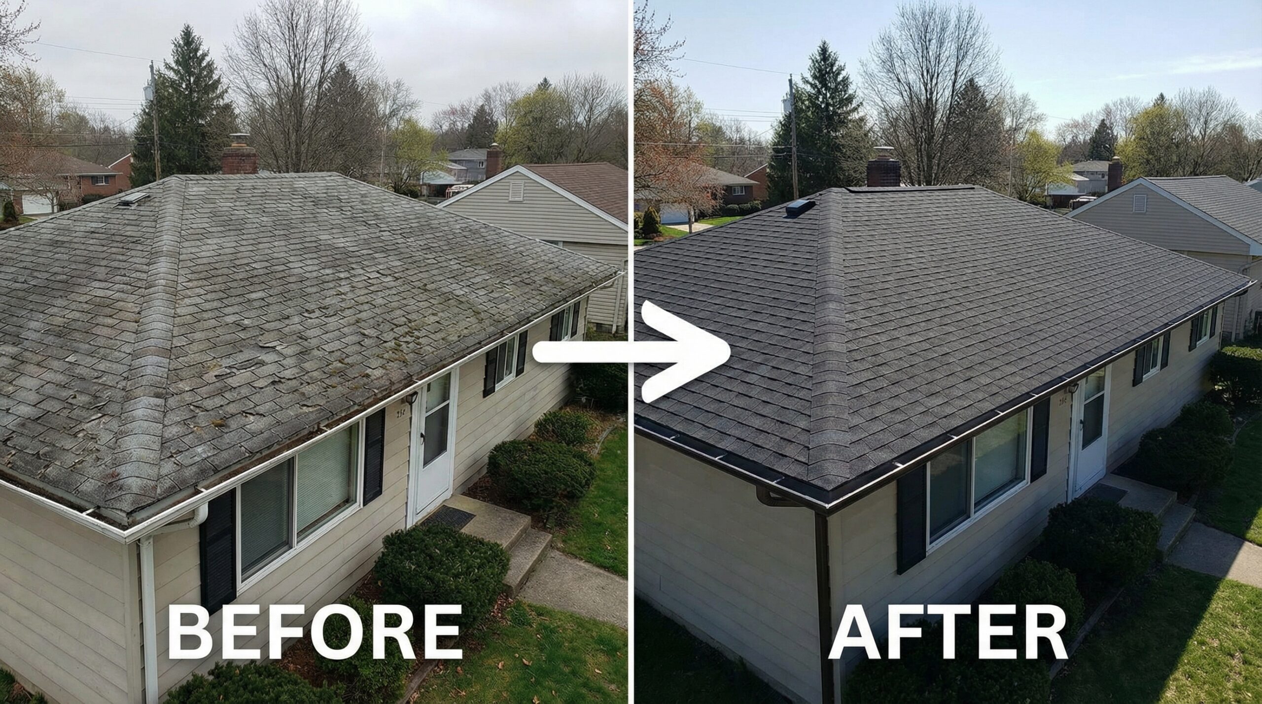 Before and after photos showing roof replacement progress from tear-off to completion