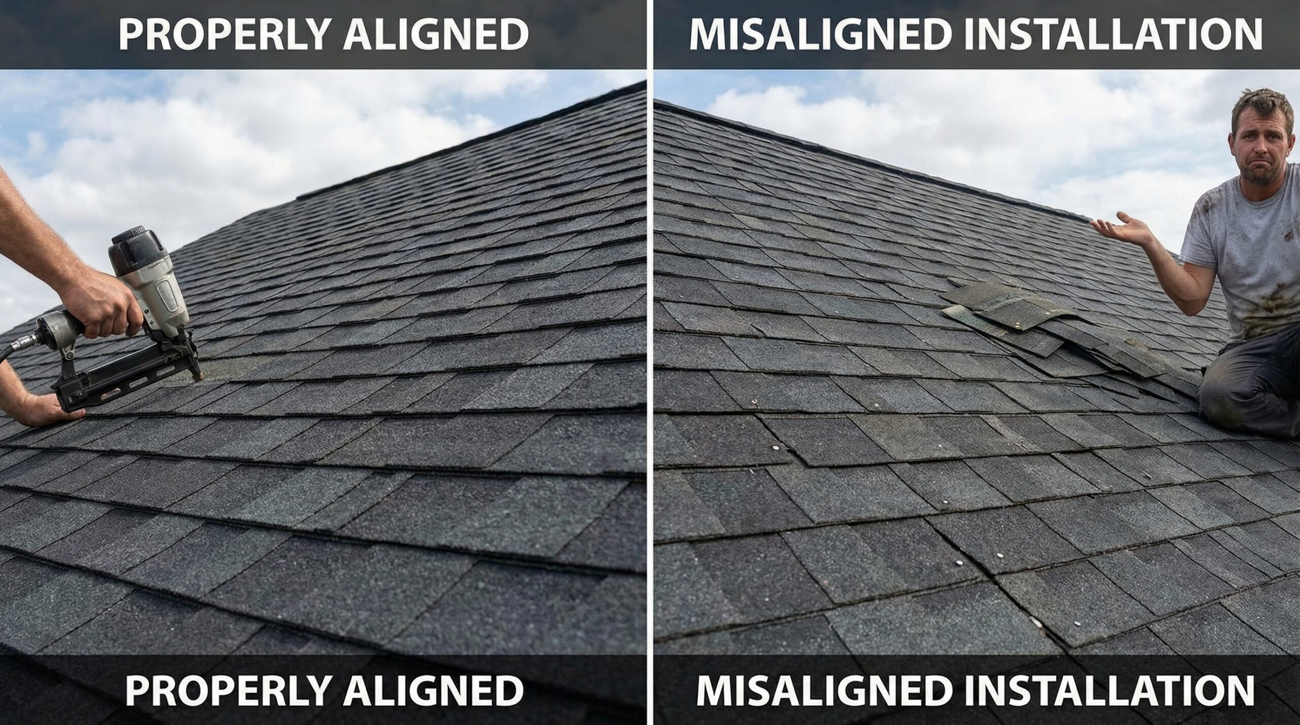 Close-up comparison showing properly aligned shingles versus misaligned installation
