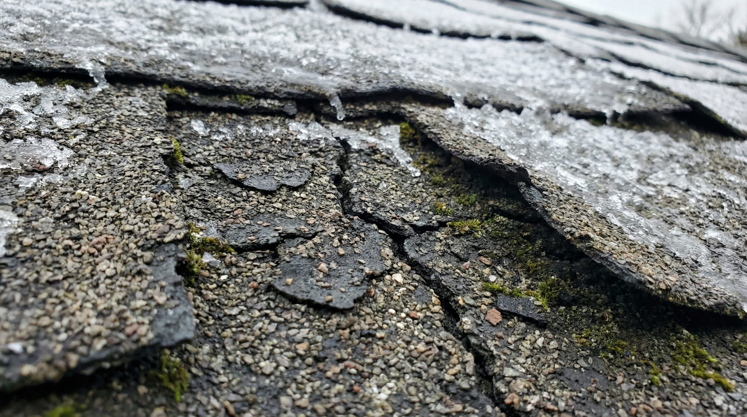 Close-up view of freeze-thaw damage on roof shingles showing cracks and deterioration