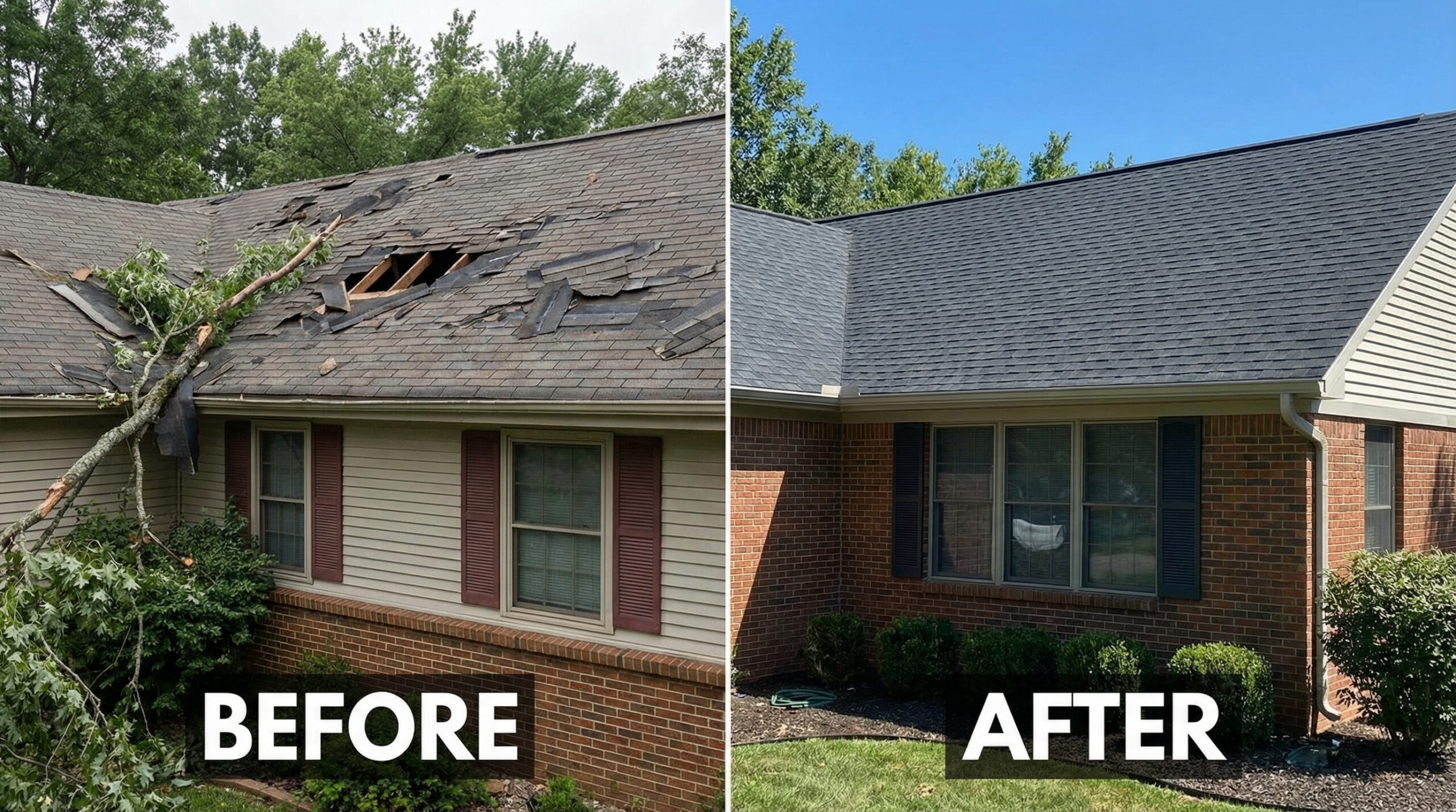 Before and after photos showing Northeast Ohio storm damage repair by Peak and Valley Roofing