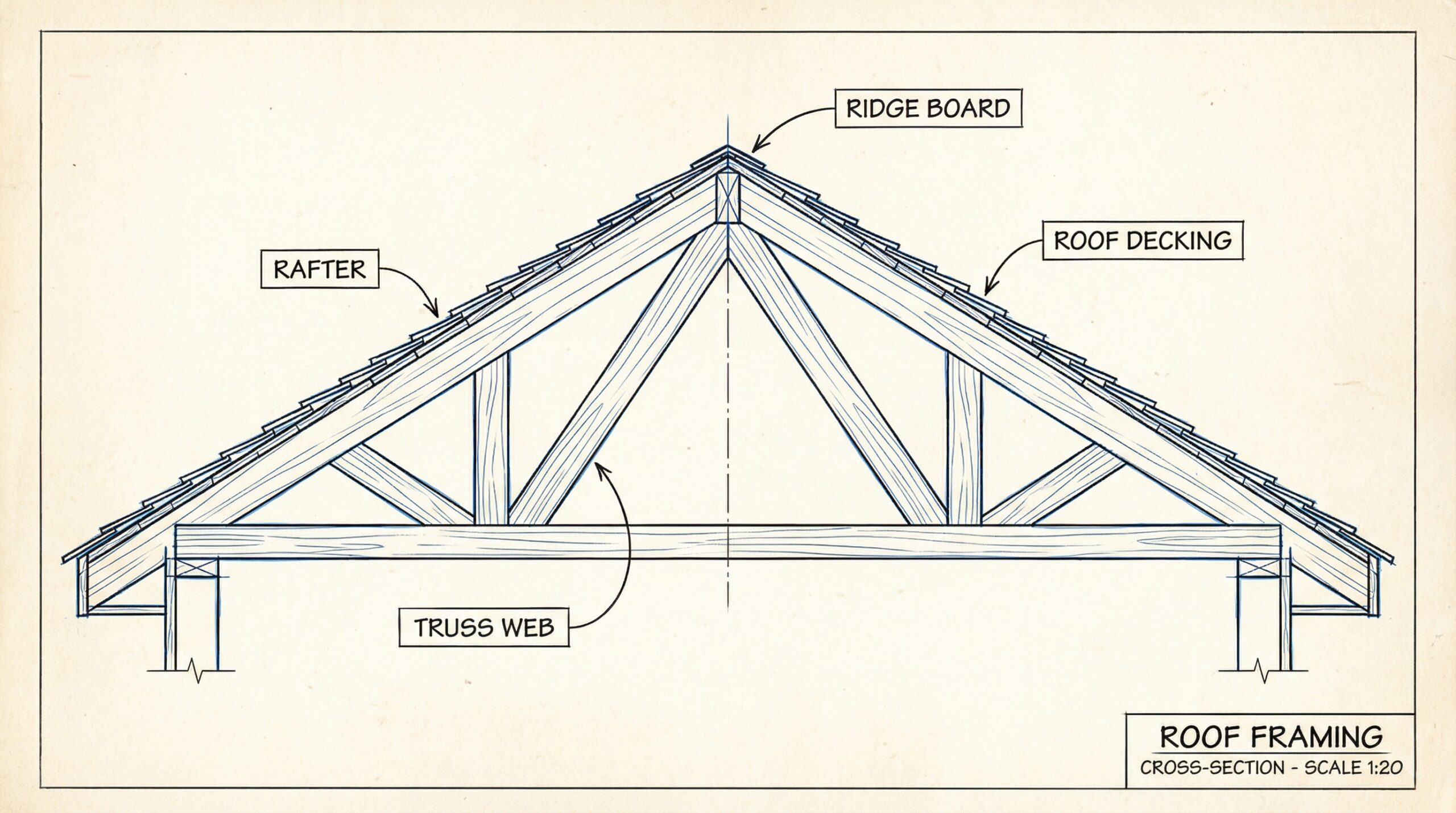 Roof structural components cross-section view