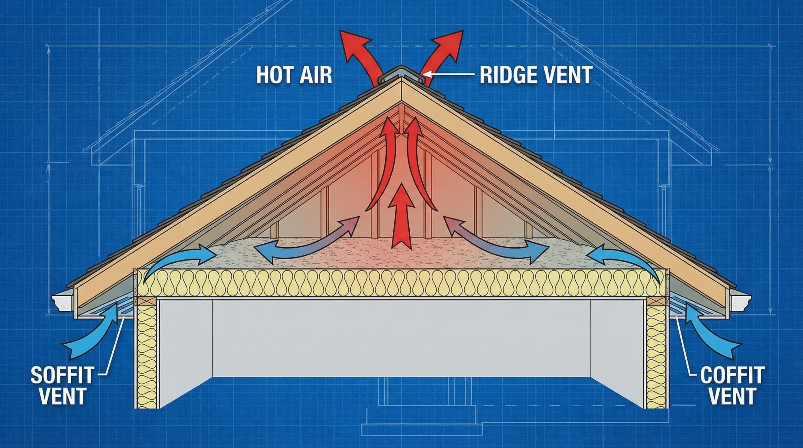Cross-section diagram showing hot air rising through ridge vents while cool air enters through soffit vents