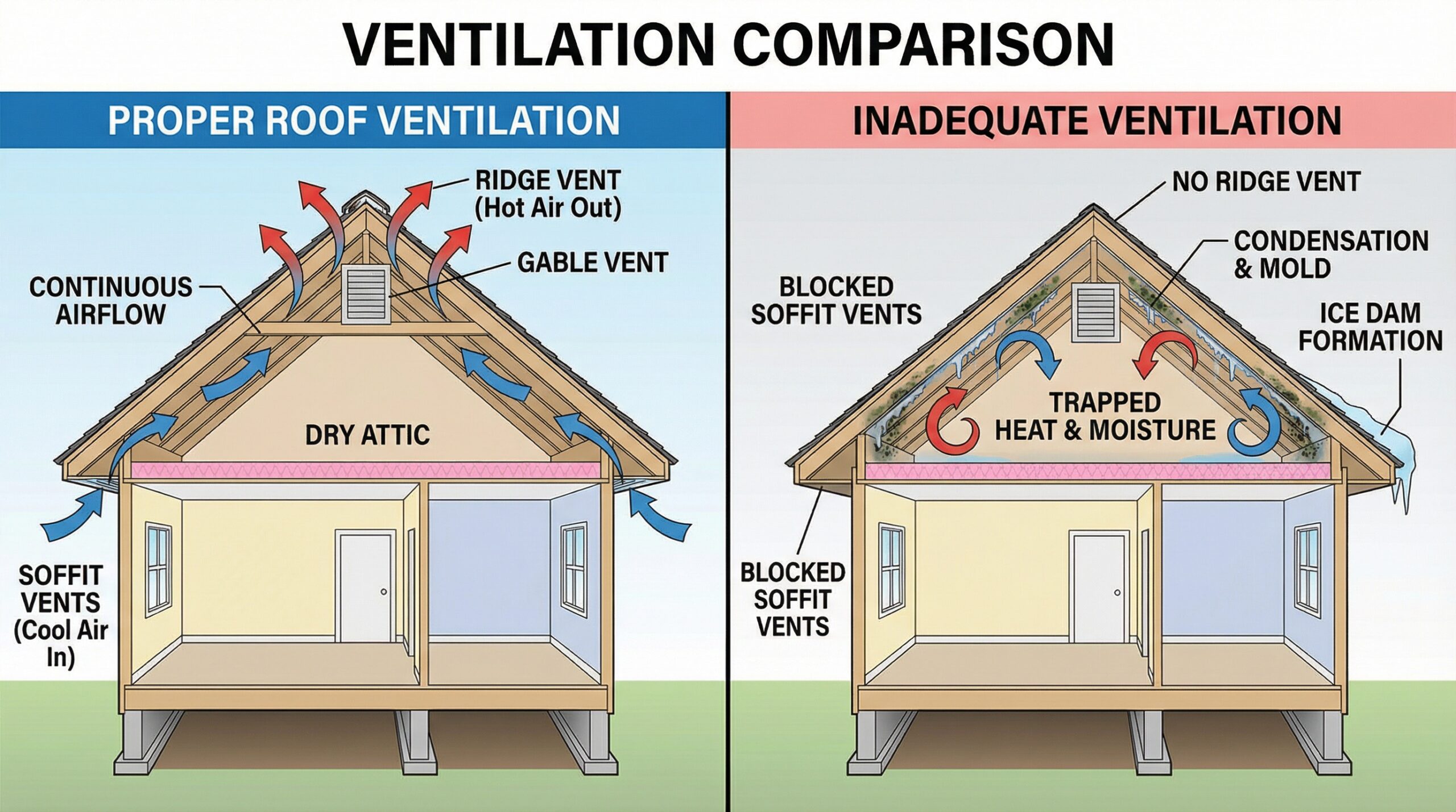 Diagram showing proper roof ventilation system versus inadequate ventilation setup