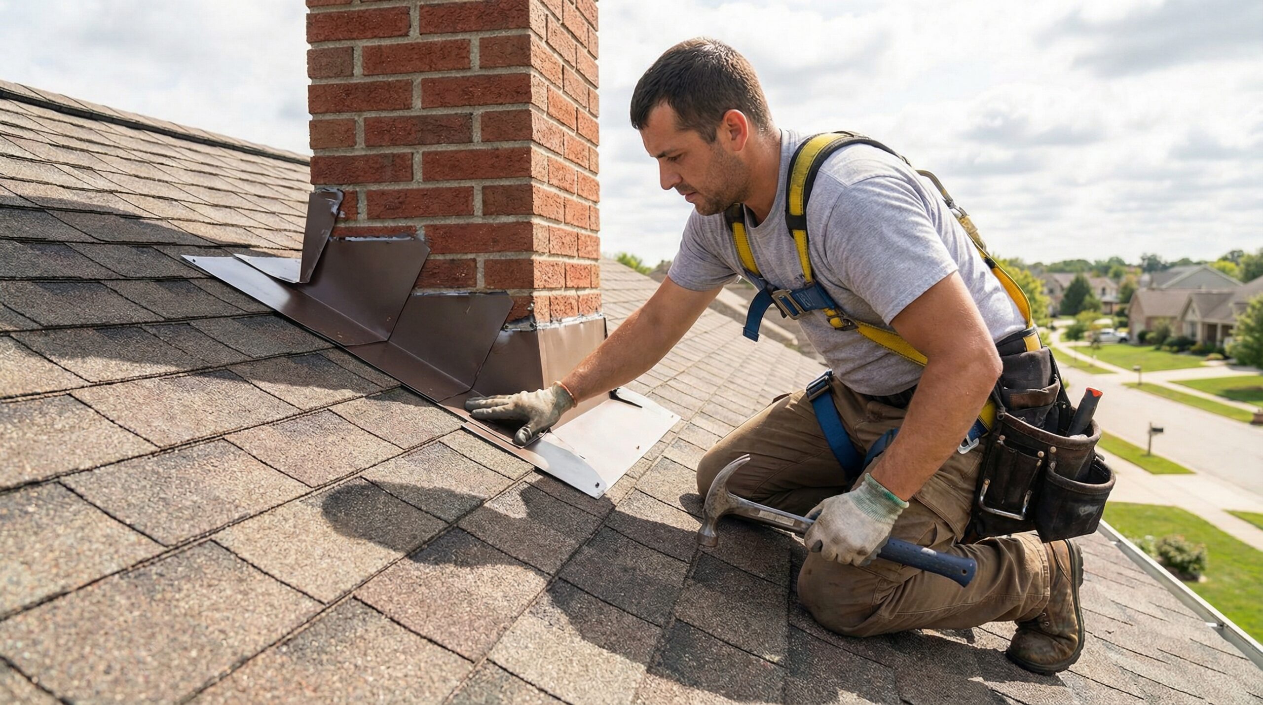 Professional roofer installing step flashing with proper overlap technique