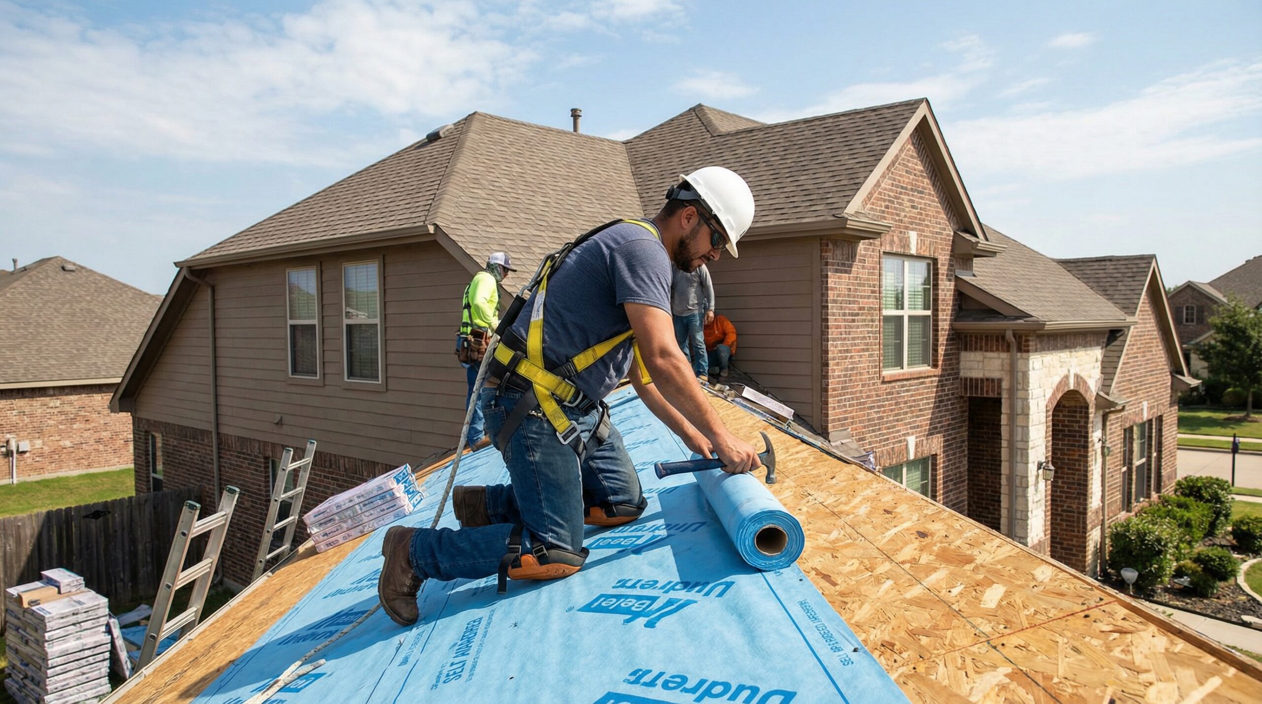 Professional roofer installing underlayment membrane on a residential home roof