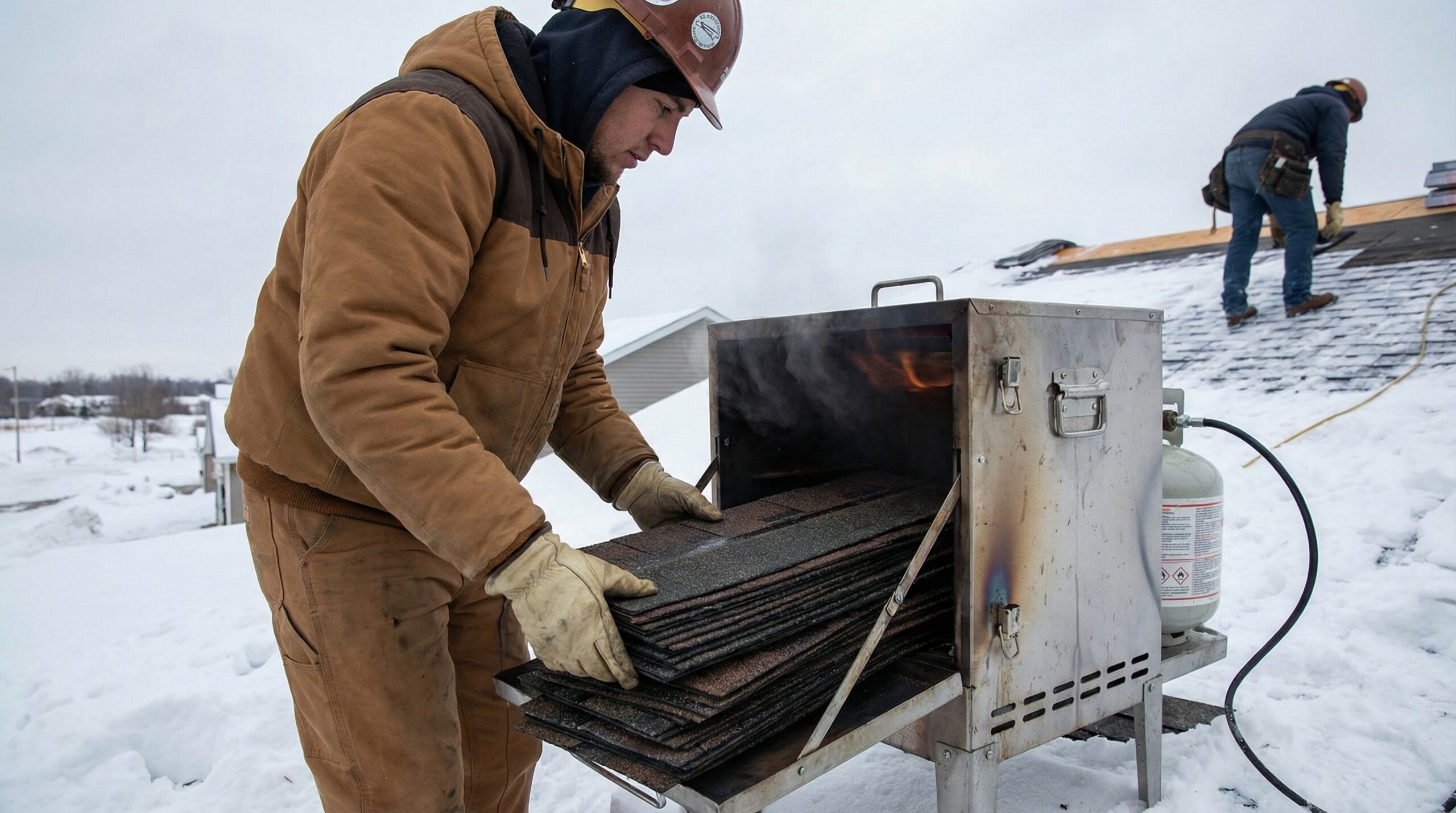 Roofer using hot box to warm shingles in winter