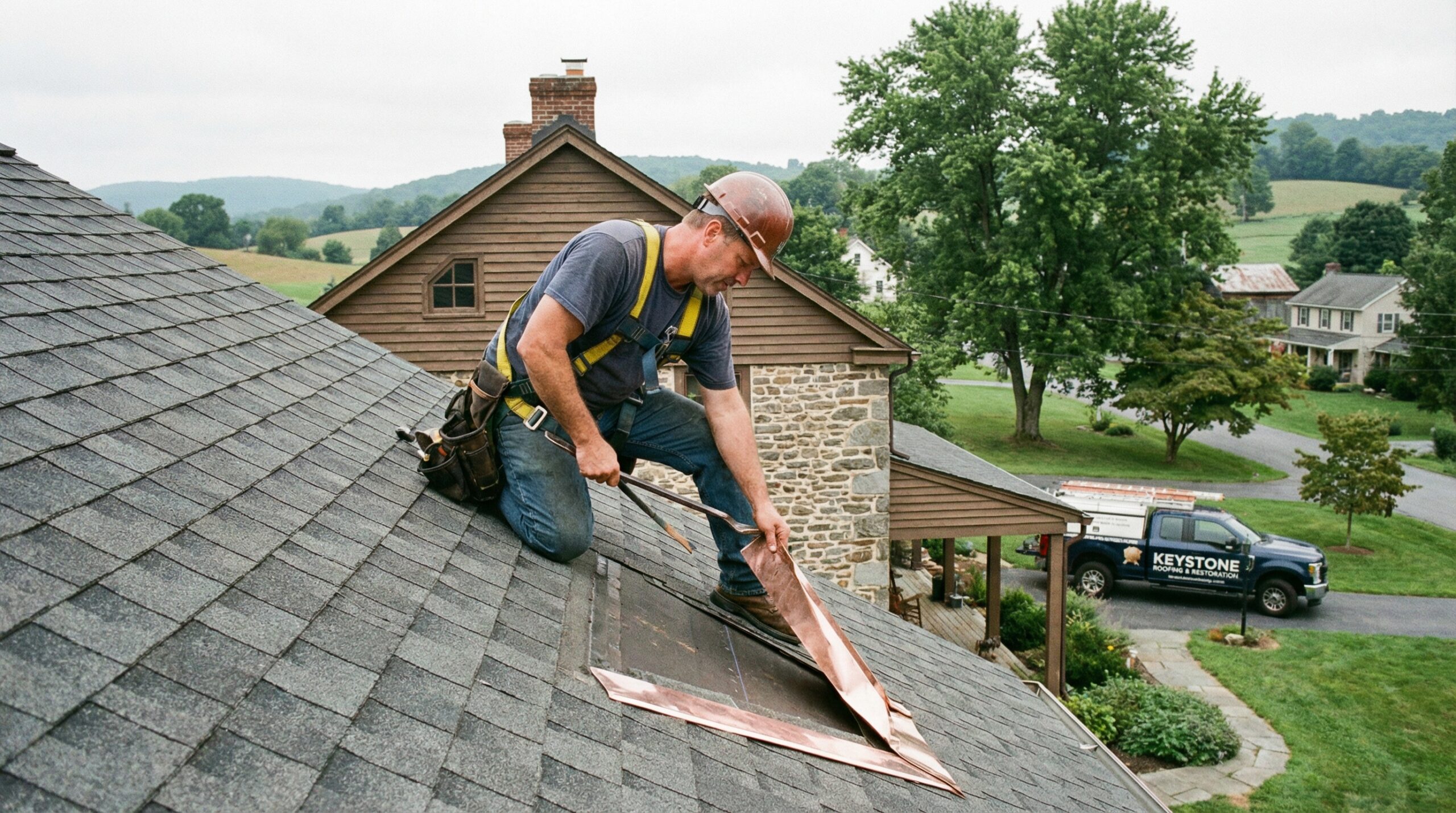 professional roofer inspecting valley flashing on Pennsylvania home