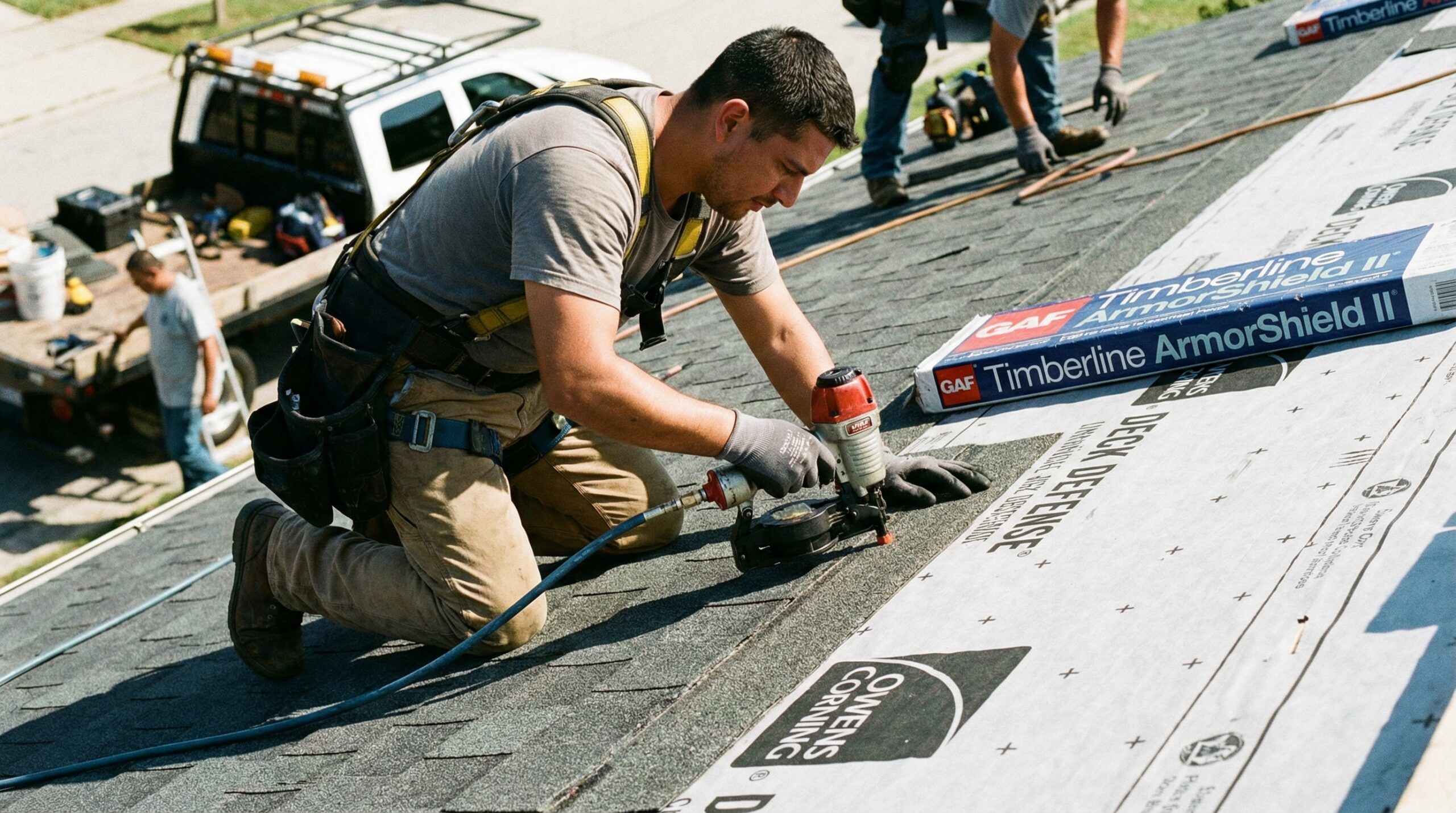 Professional roofer installing impact resistant shingles with proper nail placement and underlayment visible