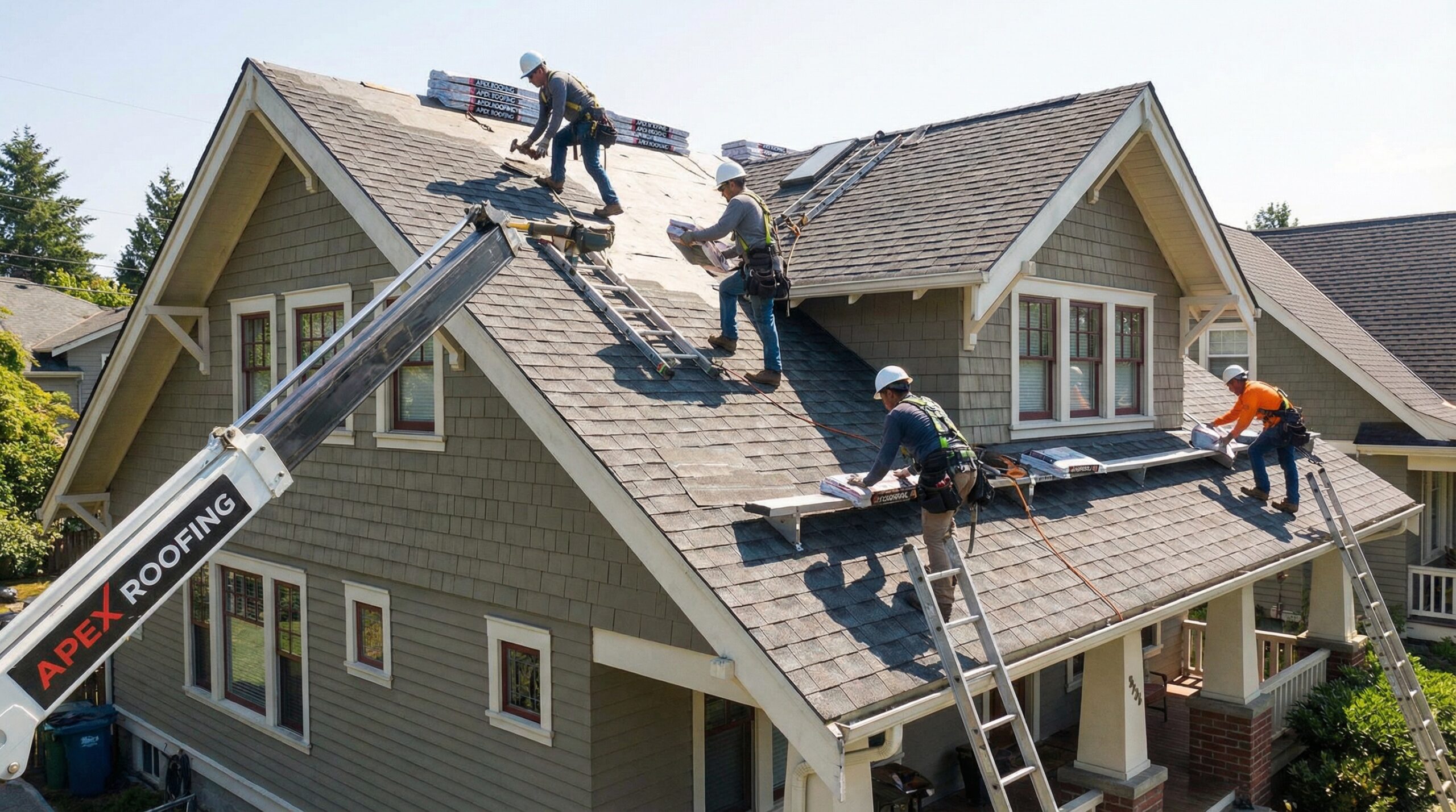 Professional roofers installing new shingles on house