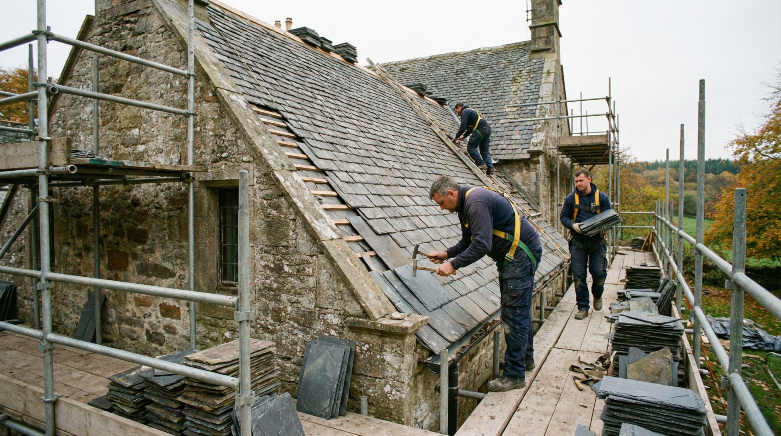 Professional roofers carefully removing and cataloging historic slate tiles during restoration process