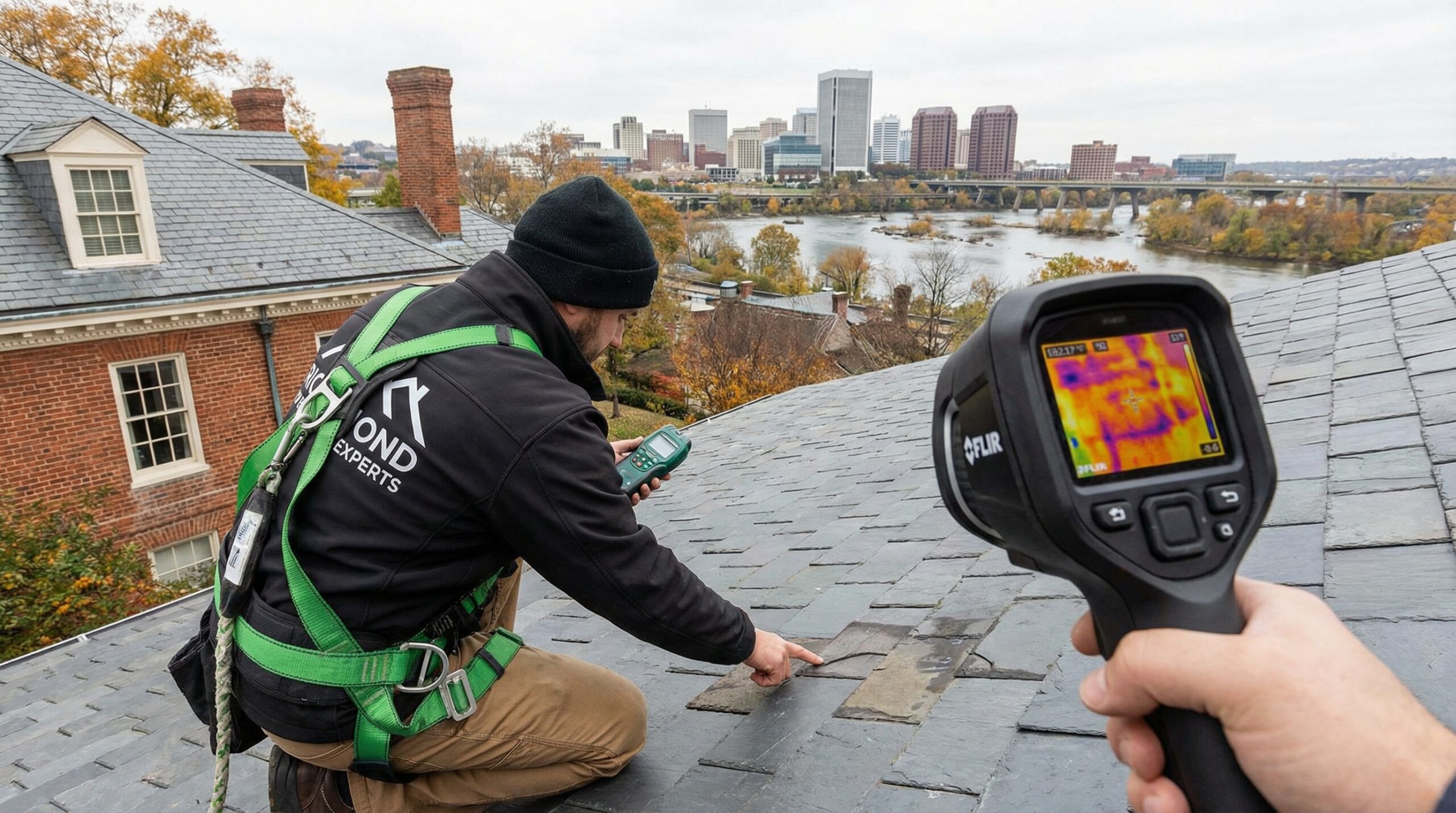 Rocky River roofing contractor performing detailed roof inspection with moisture detection equipment