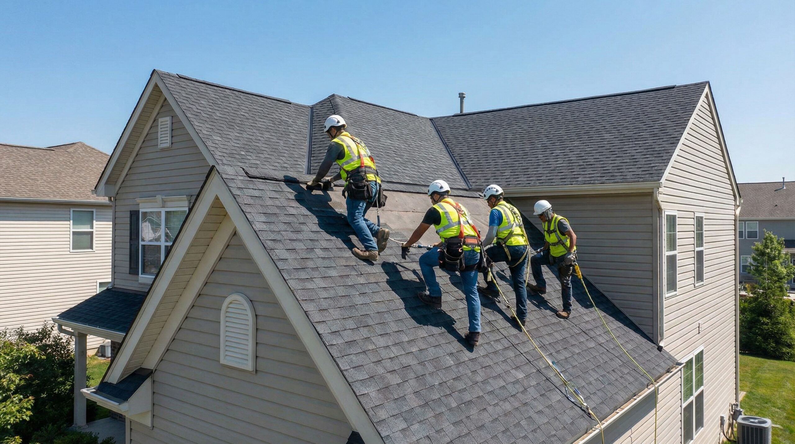 Richmond roofing crew installing new asphalt shingles with proper safety equipment