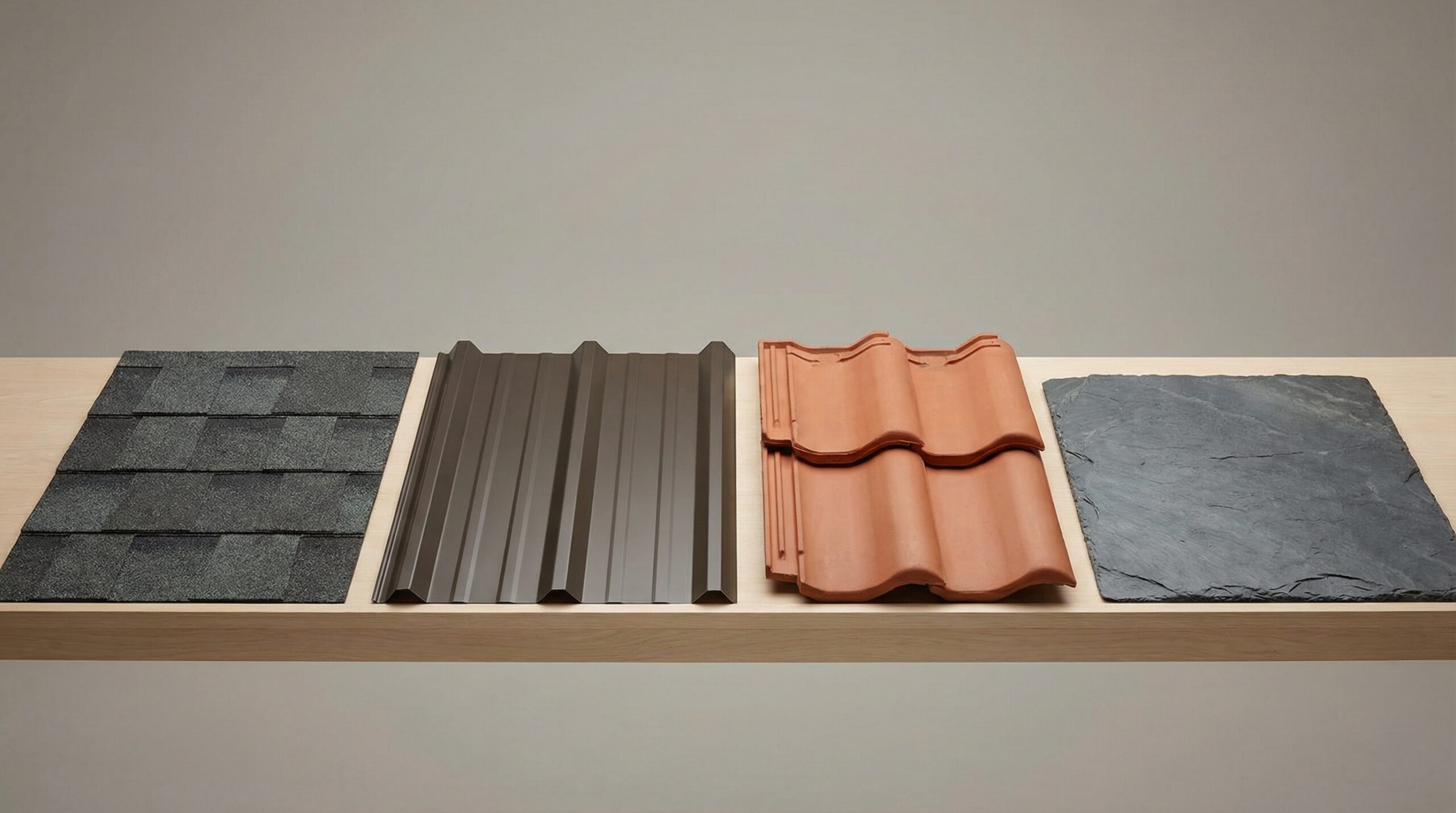 Close-up comparison of different roofing materials: asphalt, metal, tile, and slate