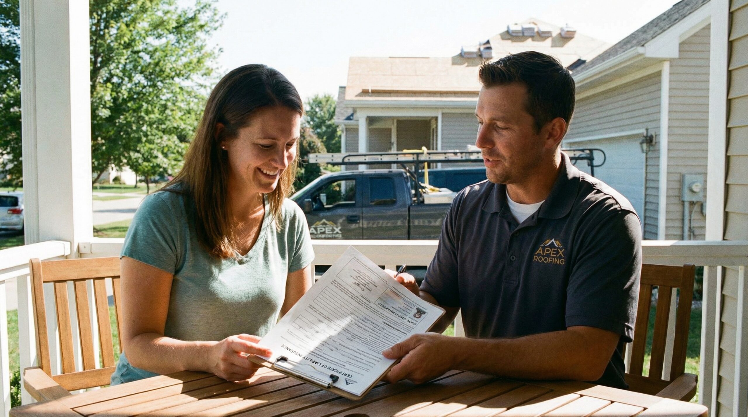 Roofing contractor showing insurance certificates and license documents to homeowner
