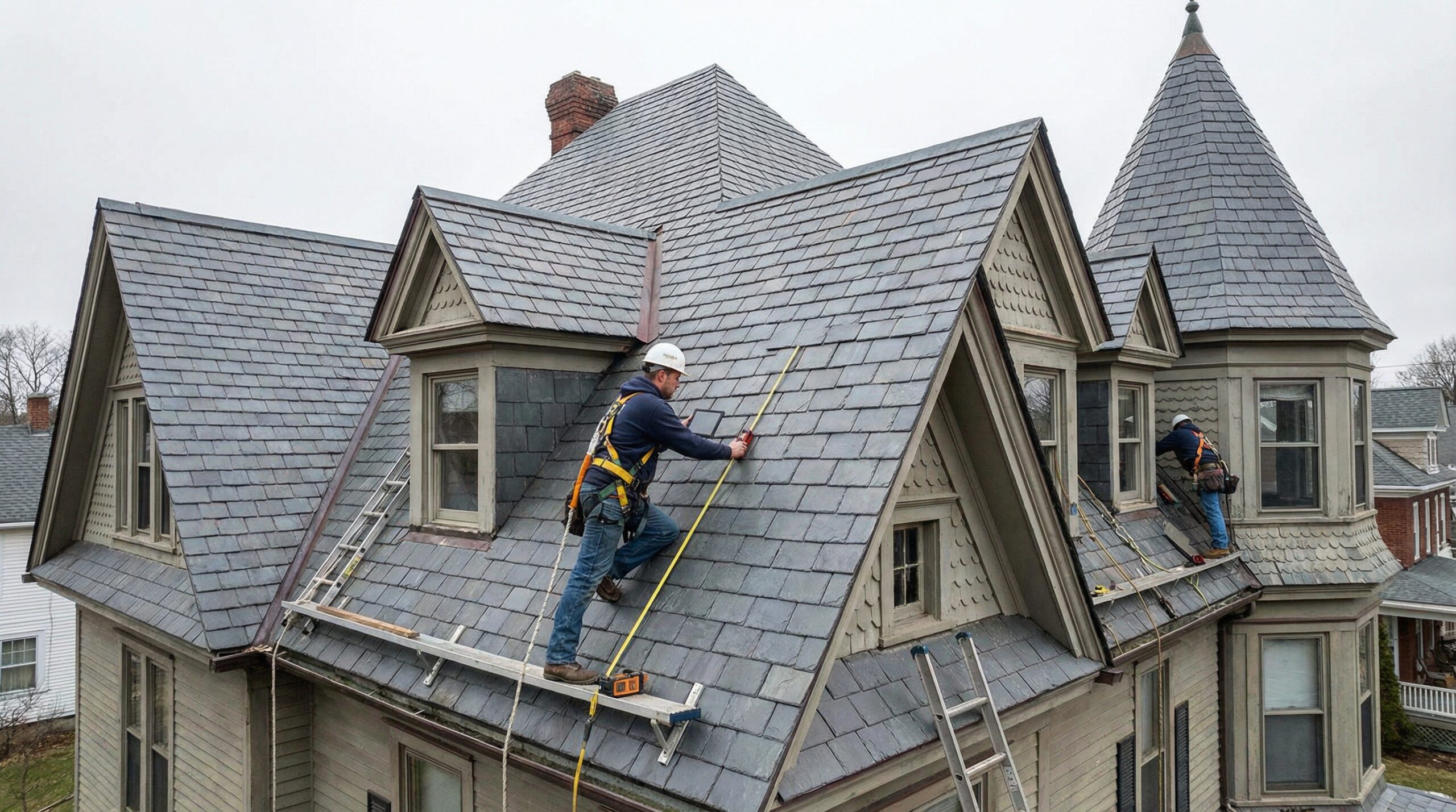 Roofing contractor measuring a complex roof with multiple angles and dormers