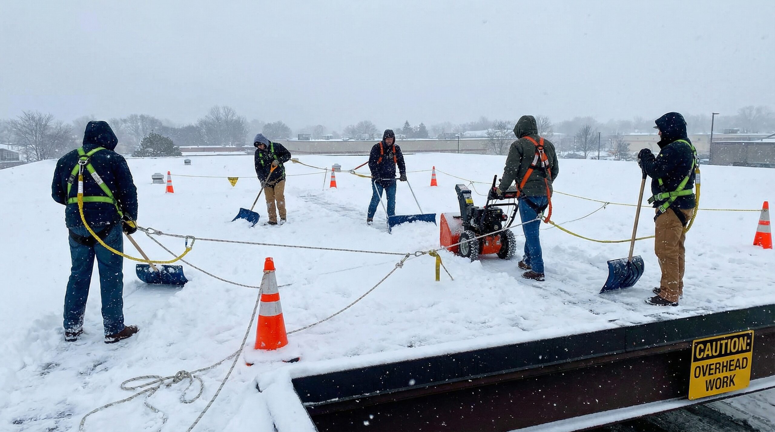 Roofing crew clearing snow from roof deck with proper safety equipment