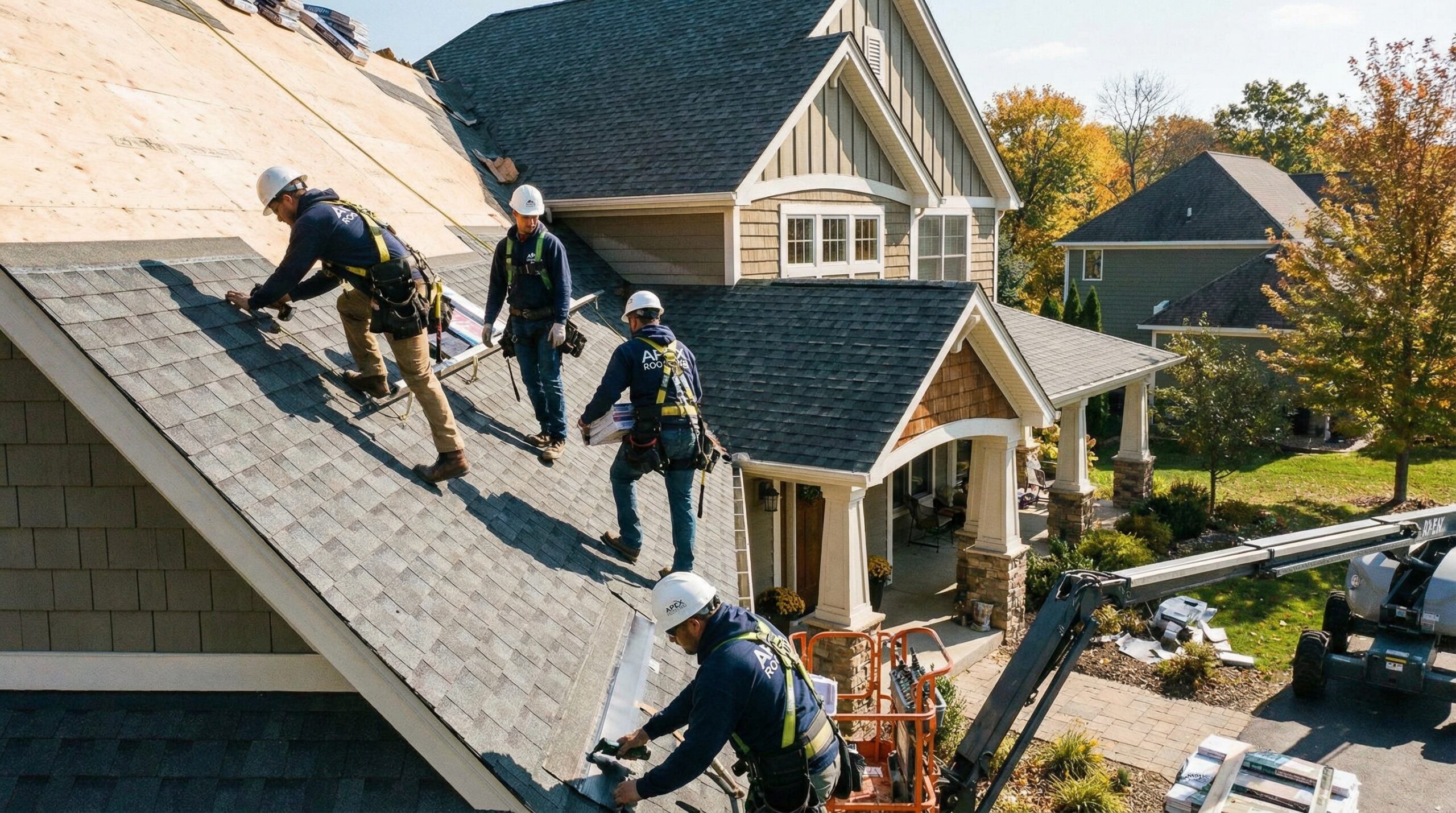 Professional roofing crew installing new architectural shingles on Deptford home during roof replacement project