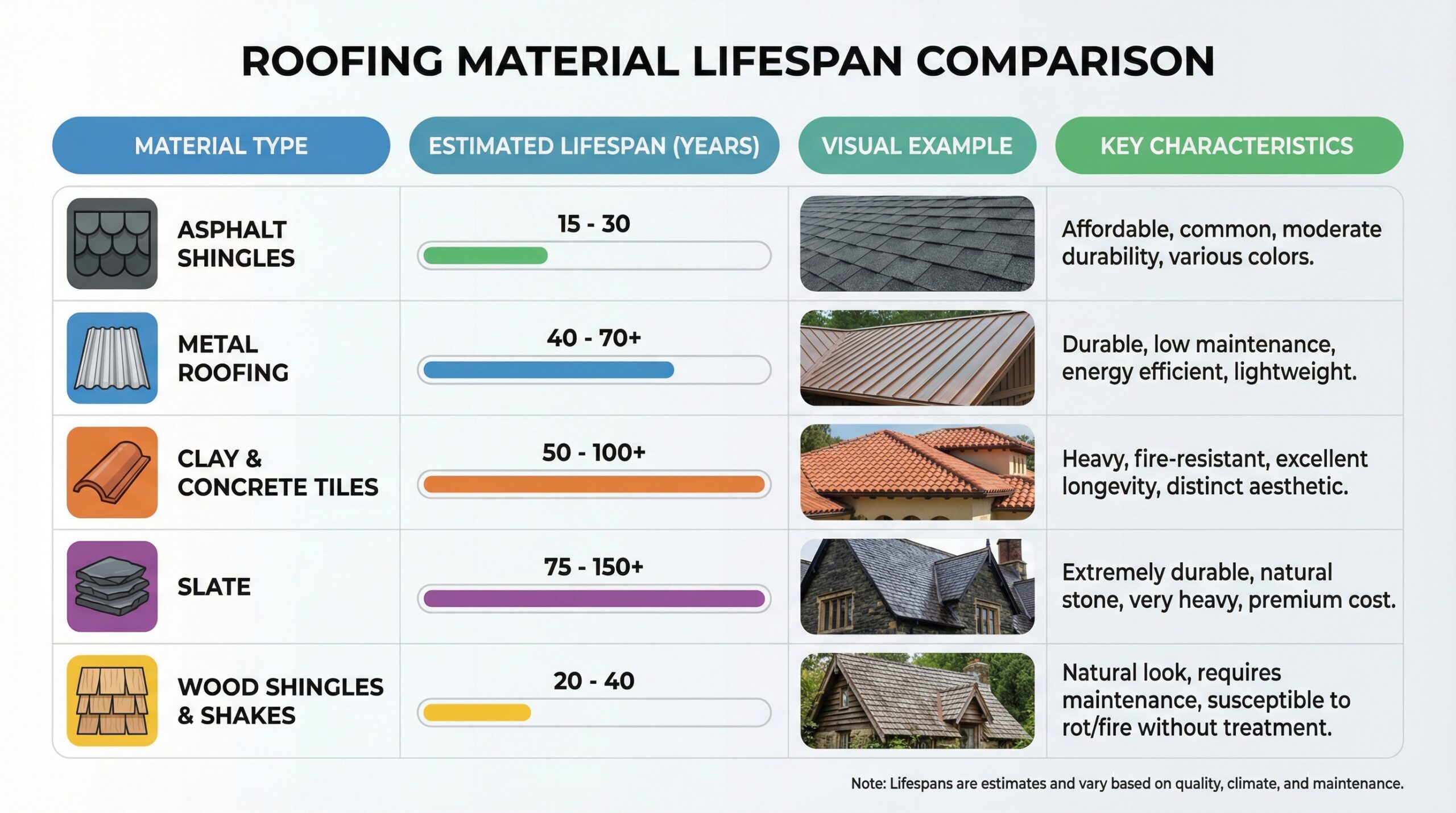 comparison chart showing different roofing materials with their respective lifespans