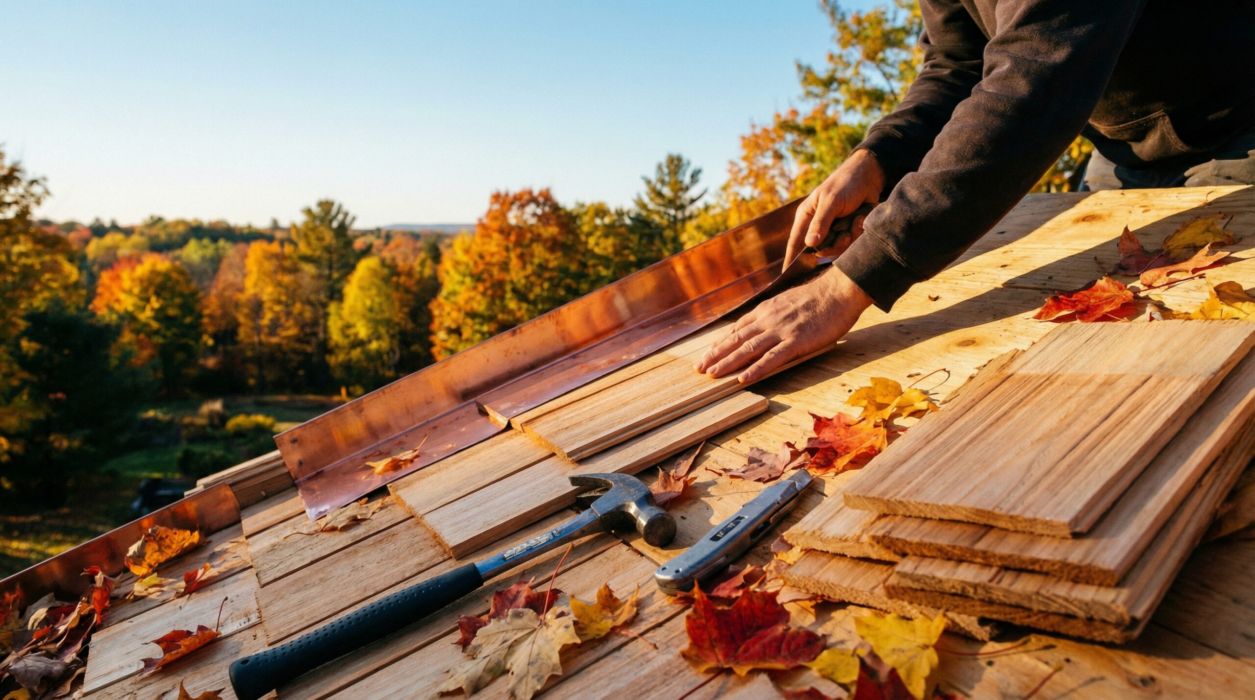 Close-up of roofing materials being installed in ideal fall weather conditions