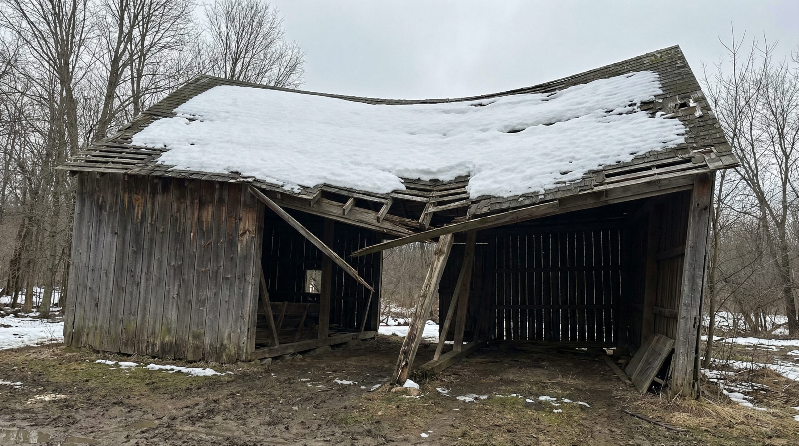Sagging roof line showing structural damage from excessive weight