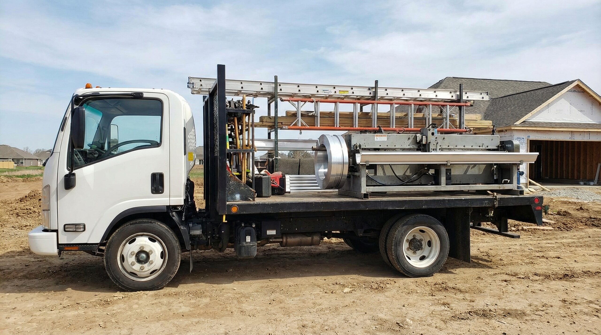 Seamless gutter installation truck with forming machine