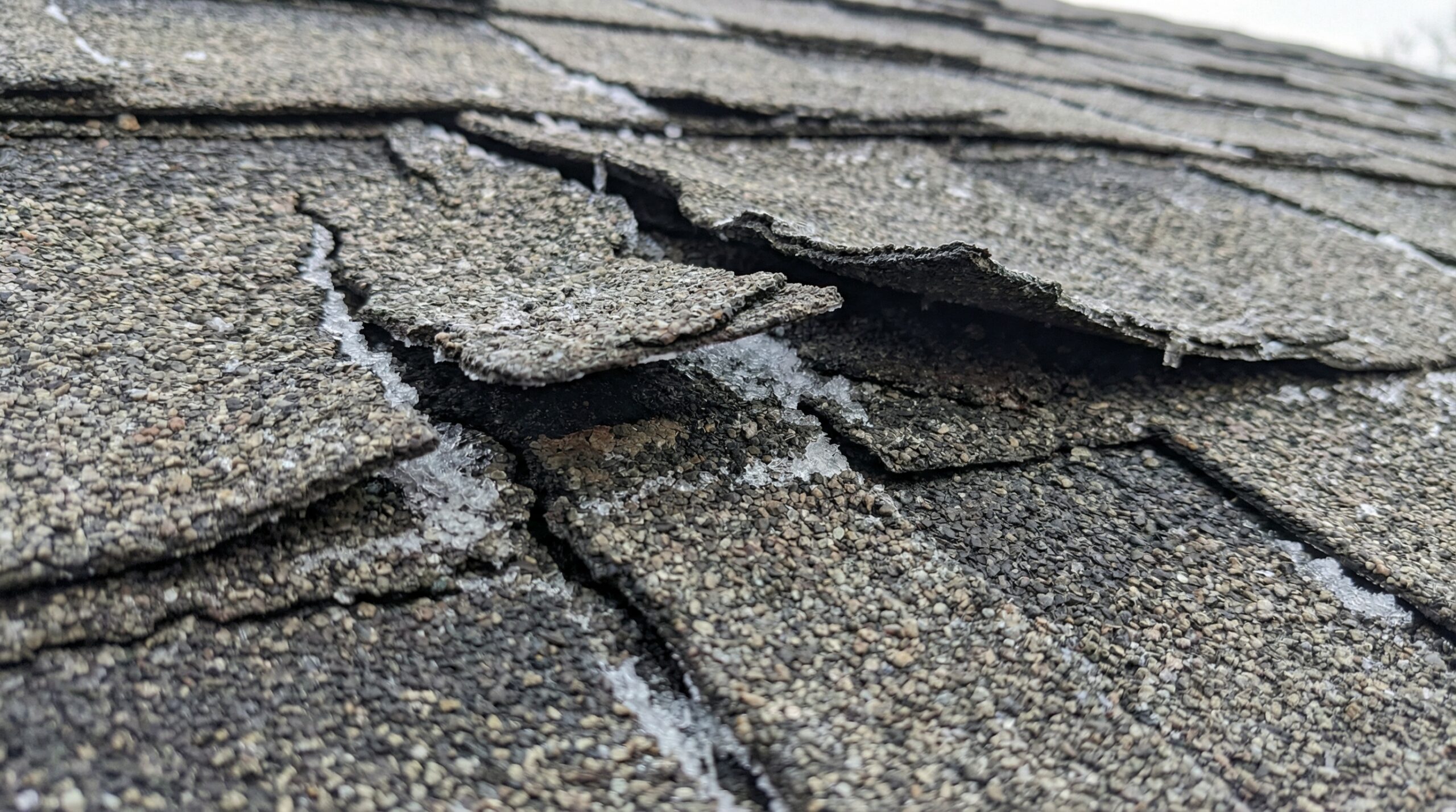 Close-up of shingle damage from freeze-thaw cycles showing cracking and lifting